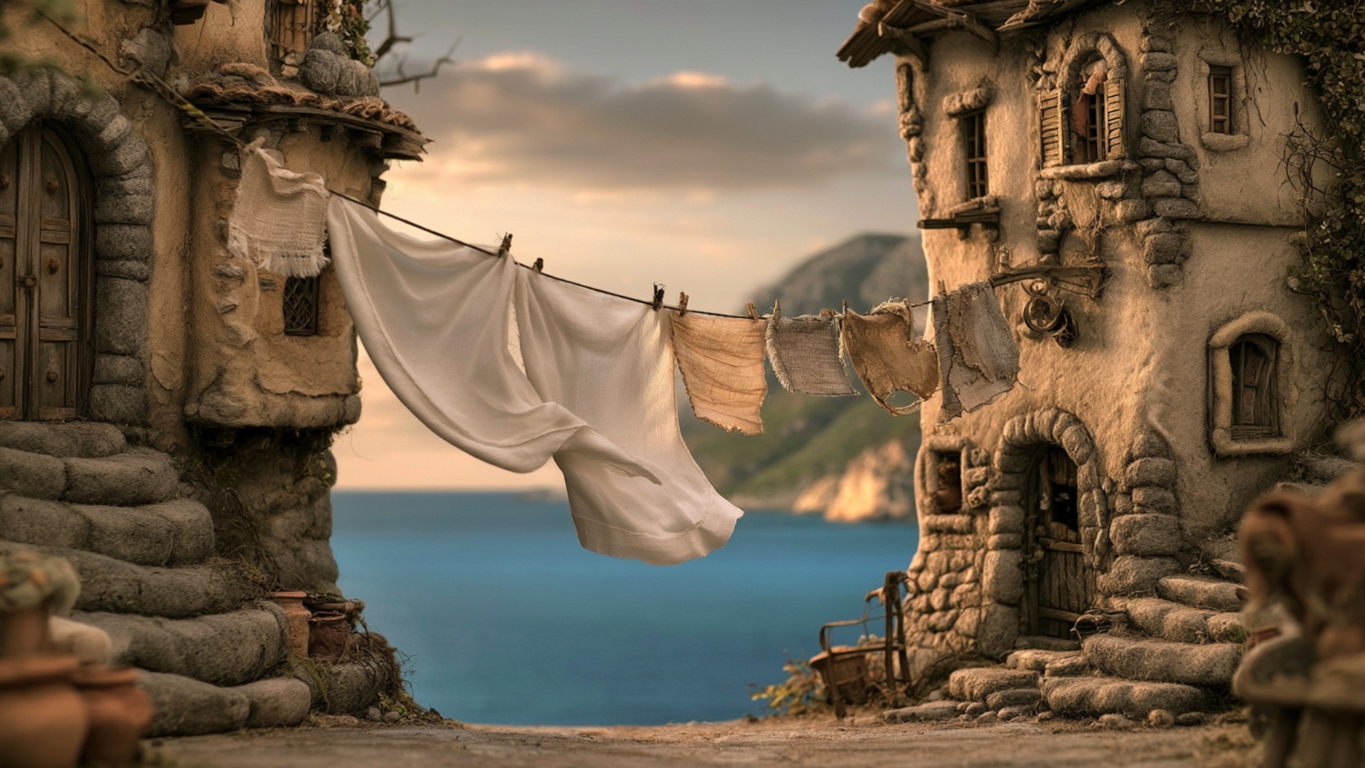 Gentle cinematic push-in down the village lane. A firm sea breeze catches the large white sheet: ...
