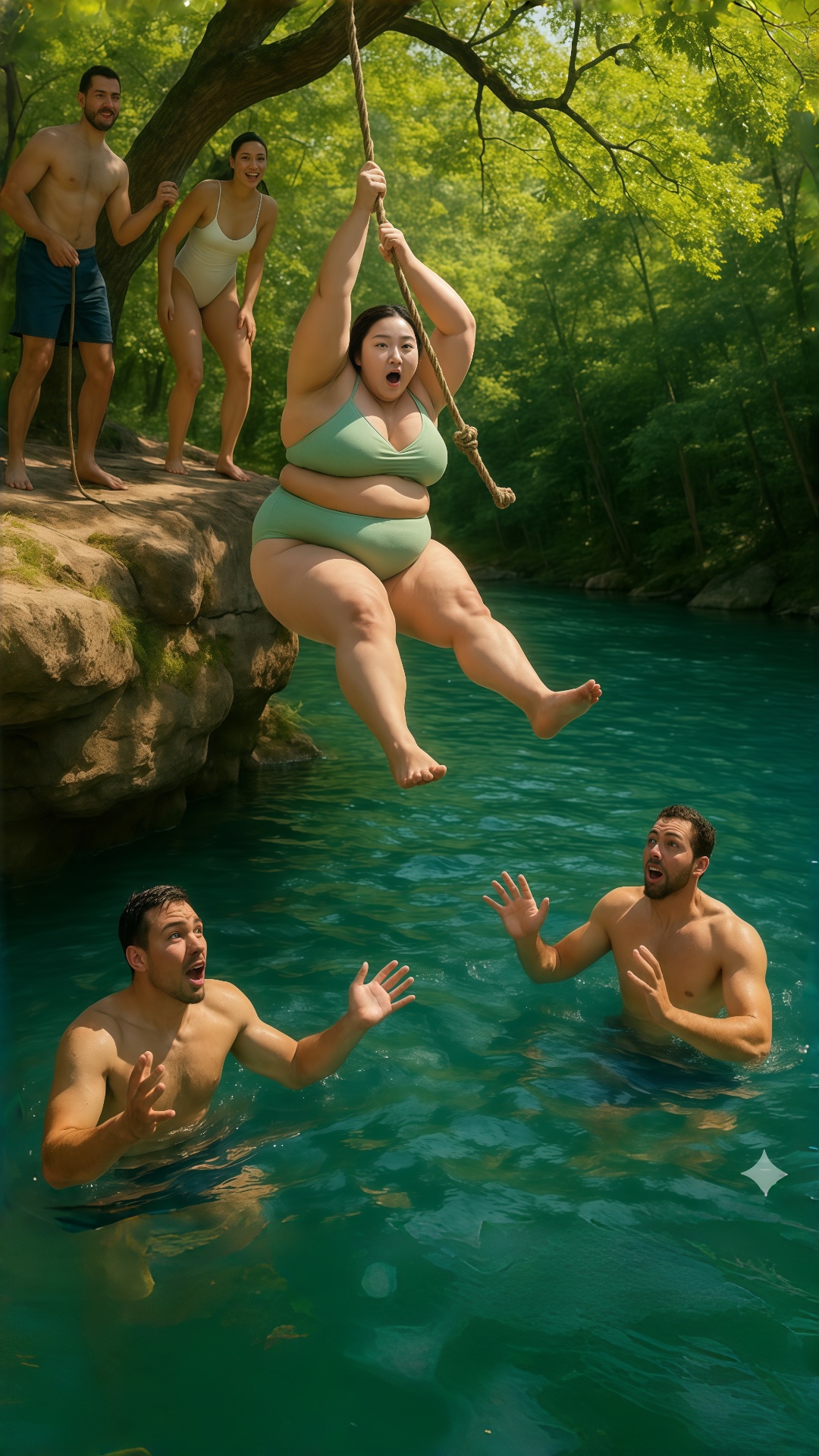 A sunny summer scene beside a turquoise-blue lake surrounded by green forest. On a rocky ledge, a...