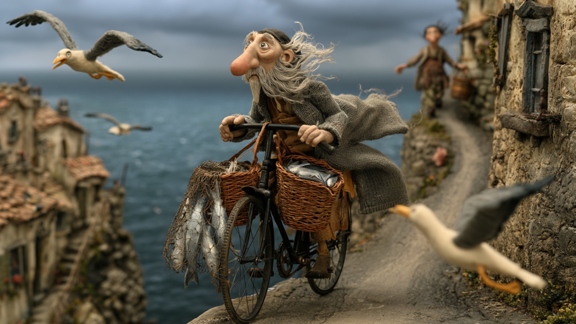The fisherman steadily pedals the old bicycle forward along the narrow cliffside road, taking slo...