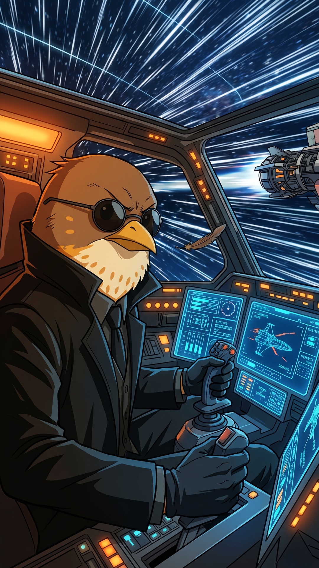 EXTREME CLOSE-UP on the captain’s face inside a spaceship cockpit during hyperspace travel. The c...
