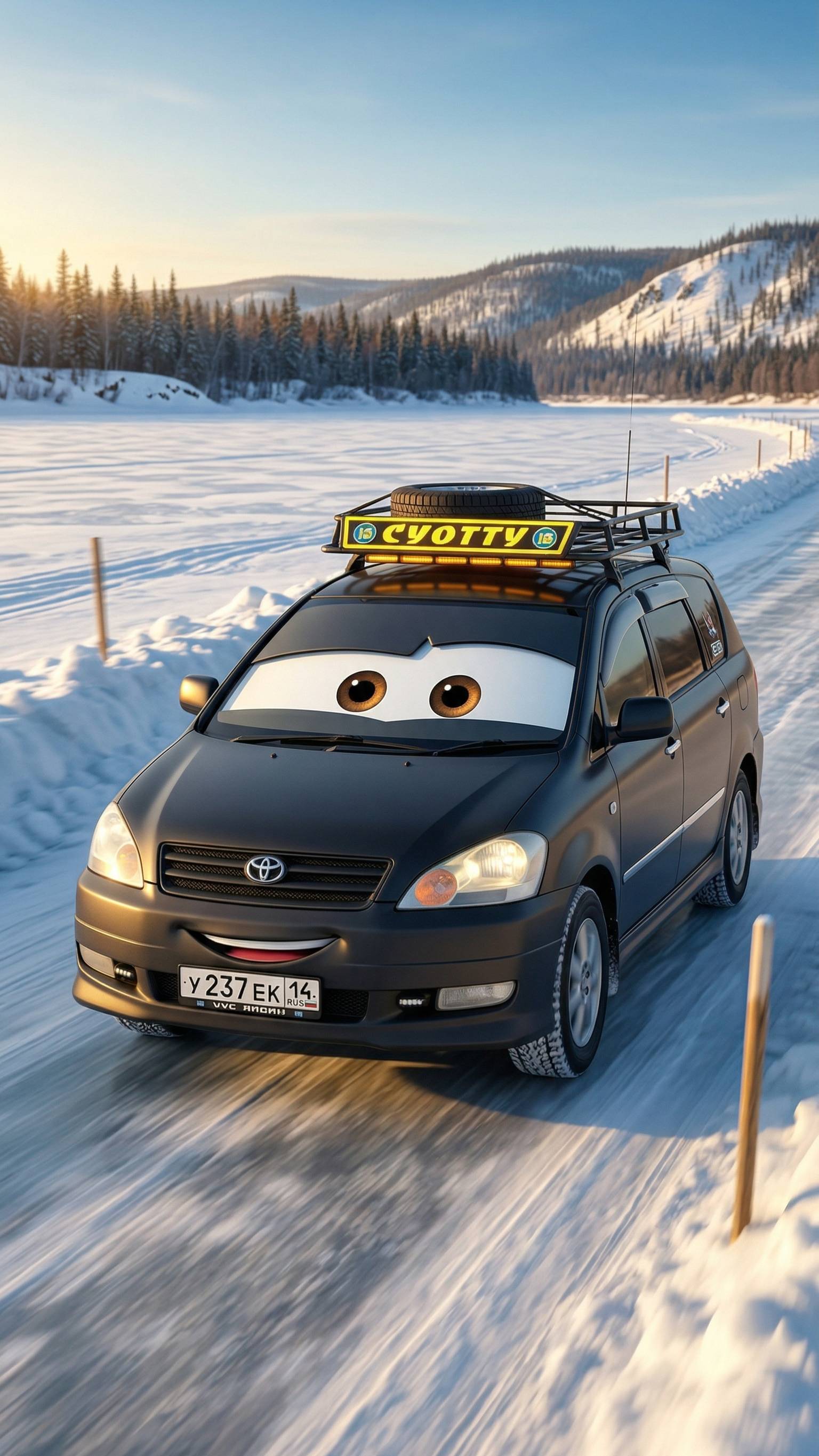 A car, strictly matching the reference image, drives forward on the same road and in the same env...