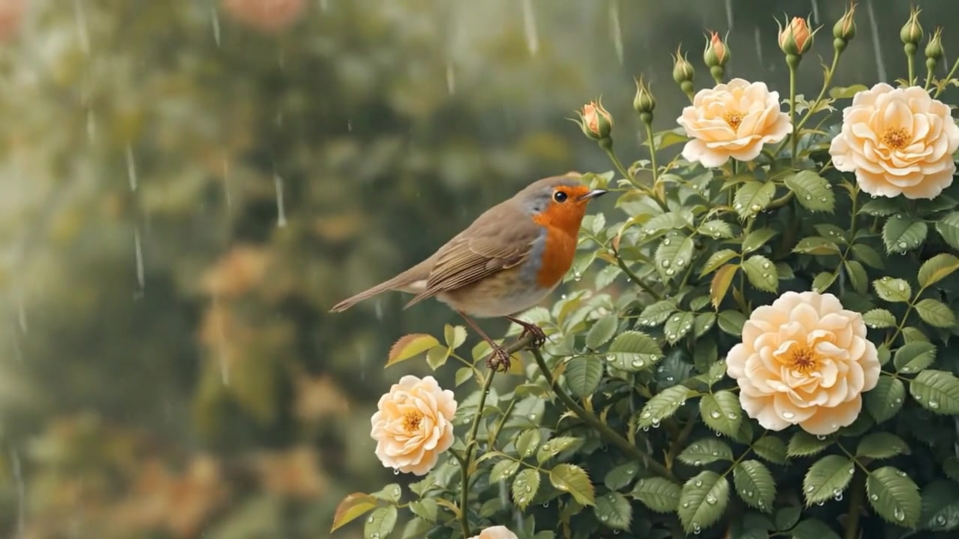 It's rainy. There is no music, only the sound of rain. Make this bird sing and zoom out to see th...