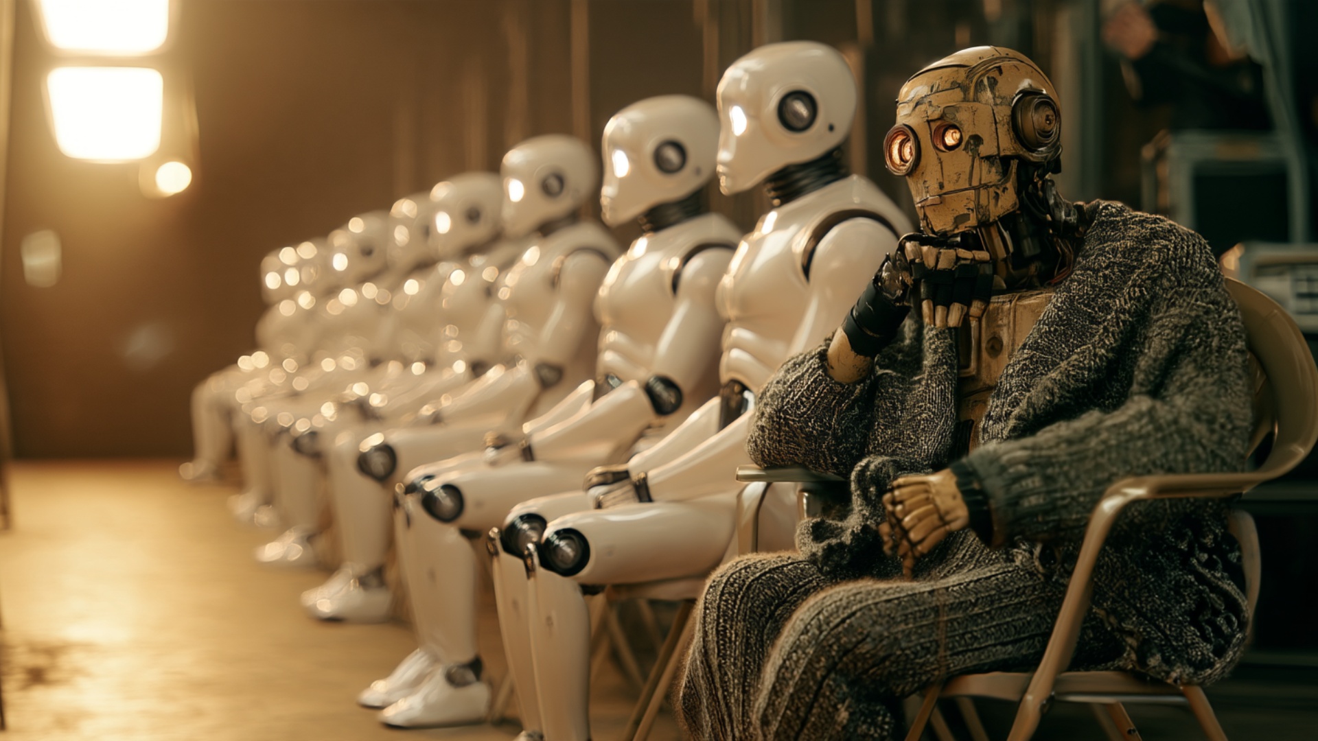 The identical white robots sit perfectly still and straight like statues. Only the old android in...