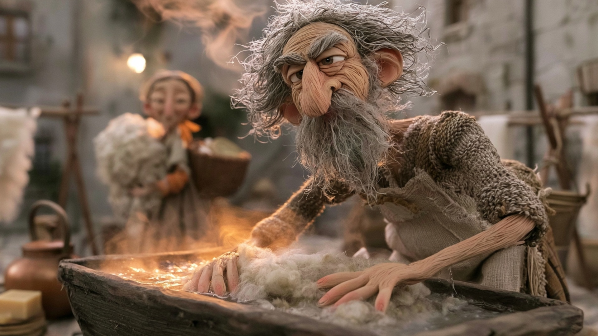 The elderly man presses the wet wool deeper into the hot water with both hands, then lifts one he...