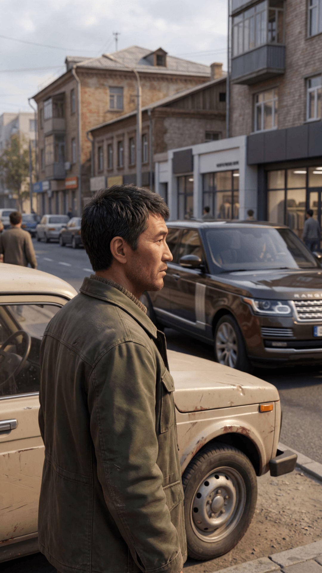 Kyrgyz man (35), standing near old worn car.

Camera:
Medium → slow push-in.

ONLY this man speak...