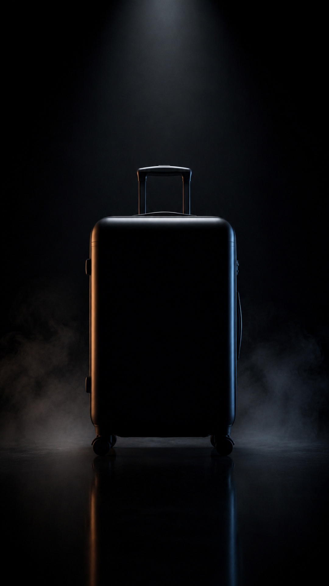 A dark cinematic suitcase slowly rotates around its own axis in a black studio environment. Soft ...