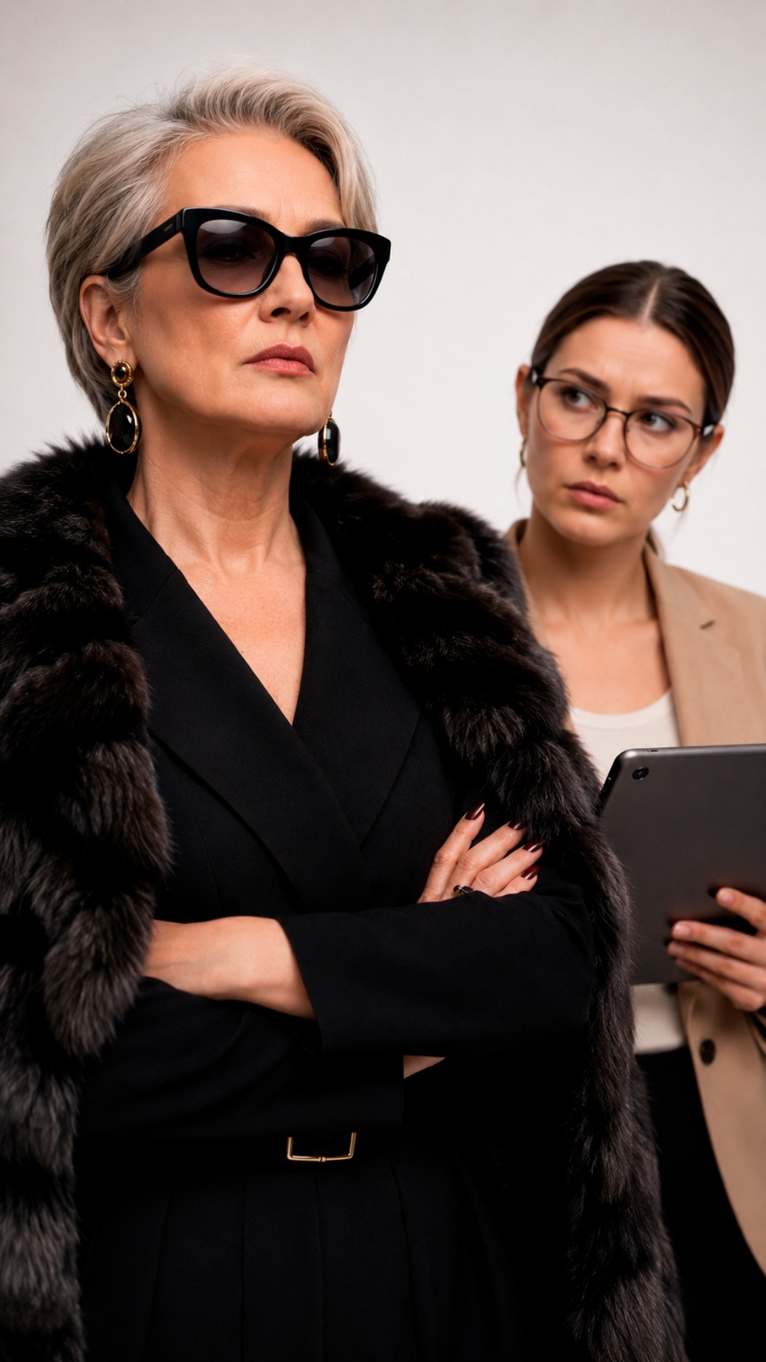 Extreme close-up of strict older fashion boss woman standing with crossed arms while nervous empl...