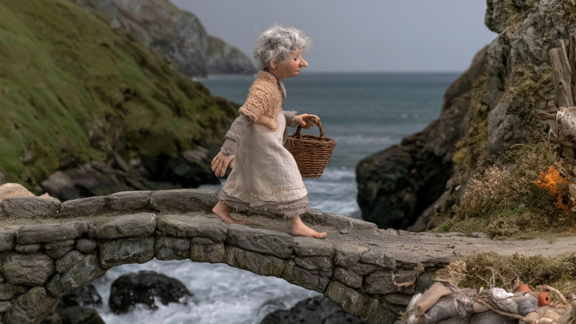 Mostly locked camera as the woman moves toward screen-right across the existing stone bridge. She...