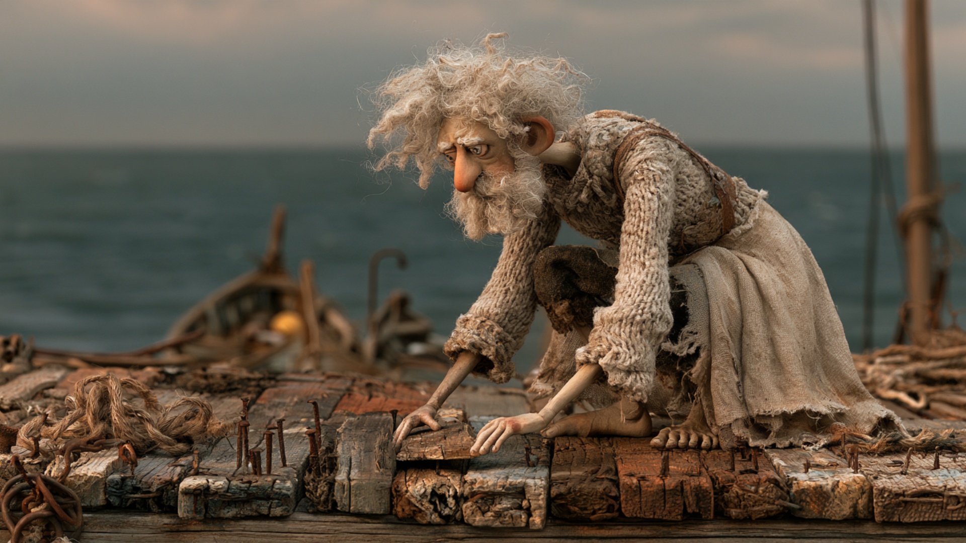 Cinematic push toward the worker and repaired pier boards. The man steadies the loose wooden plan...