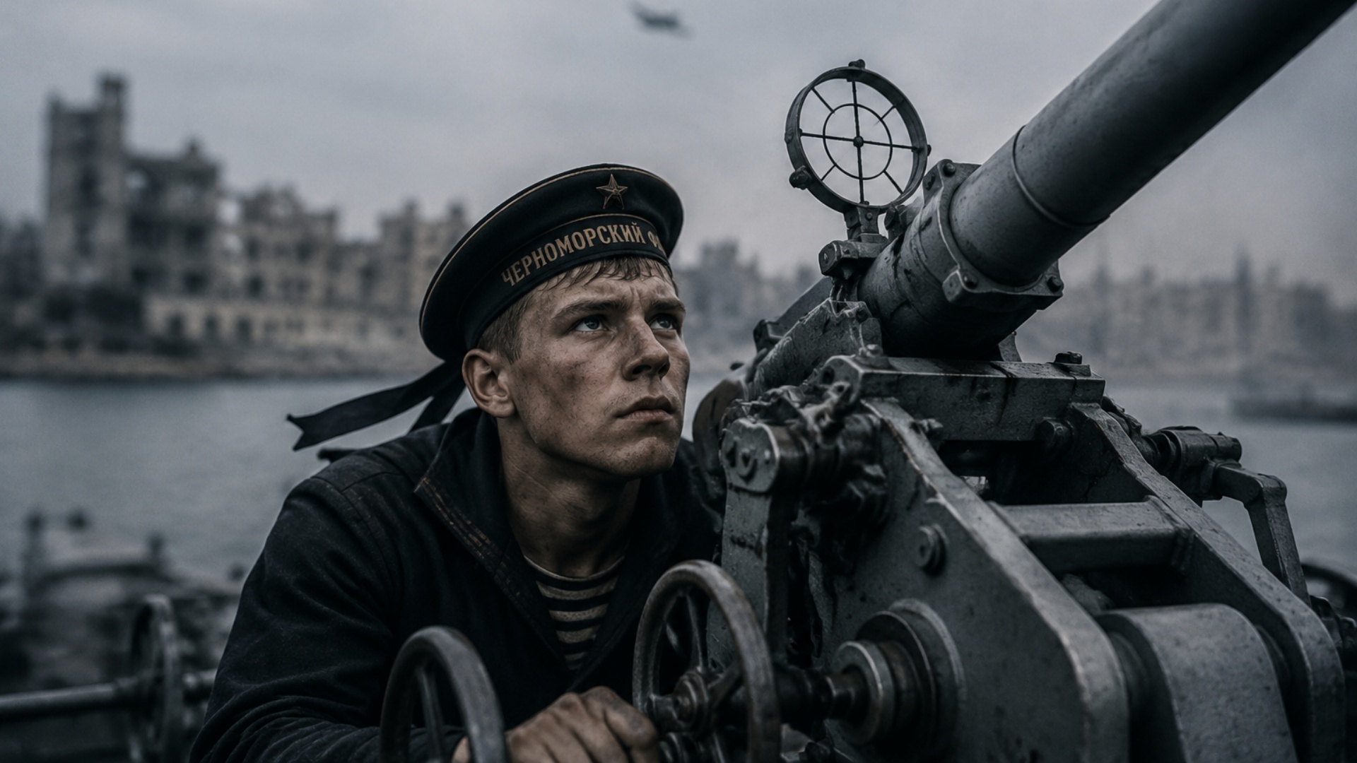 Cinematic realistic video animation, 5 seconds, 16:9. Close-up of a young Soviet sailor behind an...