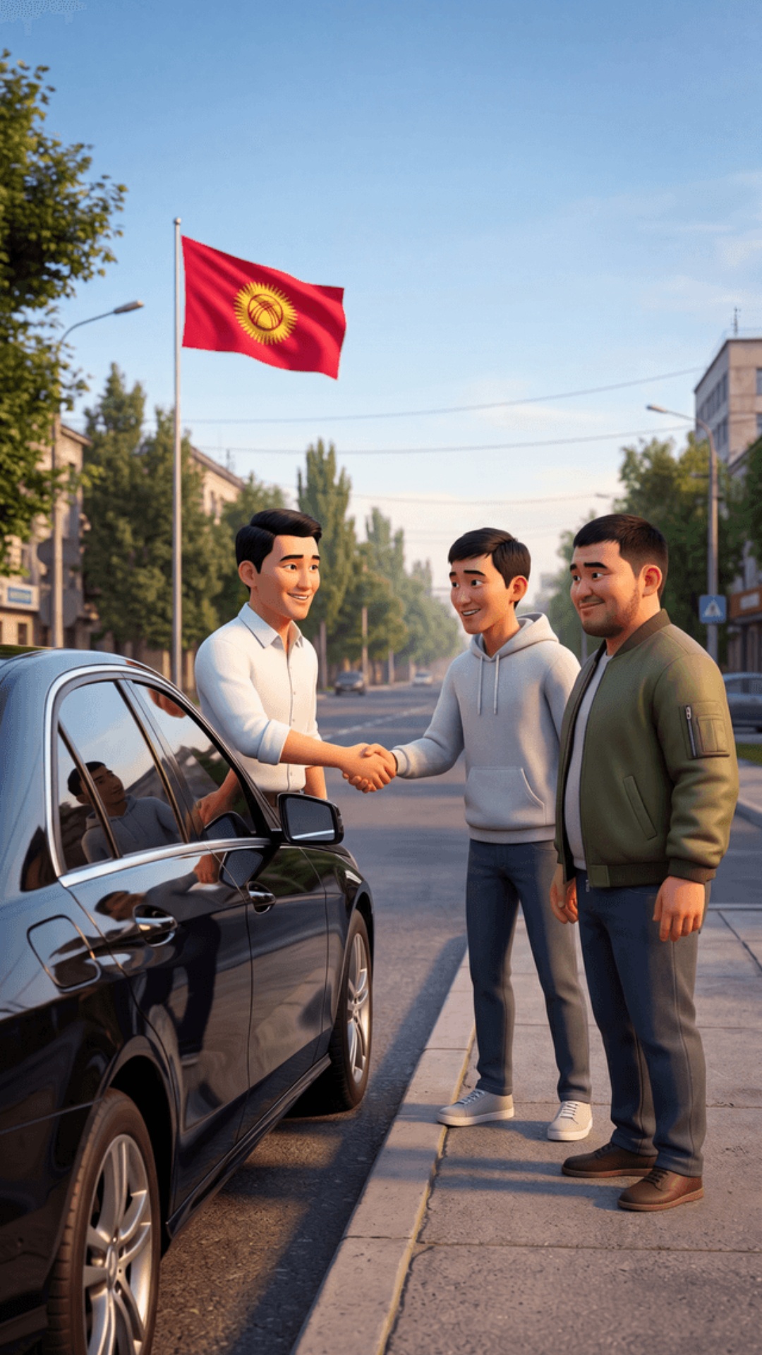 Pixar 3D animation, vibrant colors, soft warm morning light, 9:16 vertical. Bishkek street, Kyrgy...