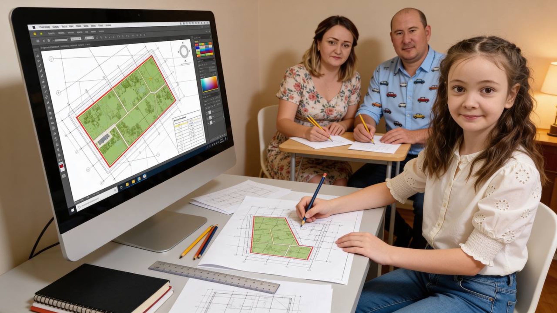 {
  "style":"realistic cinematic live-action",
  "scene":"family architectural drawing workspace"...