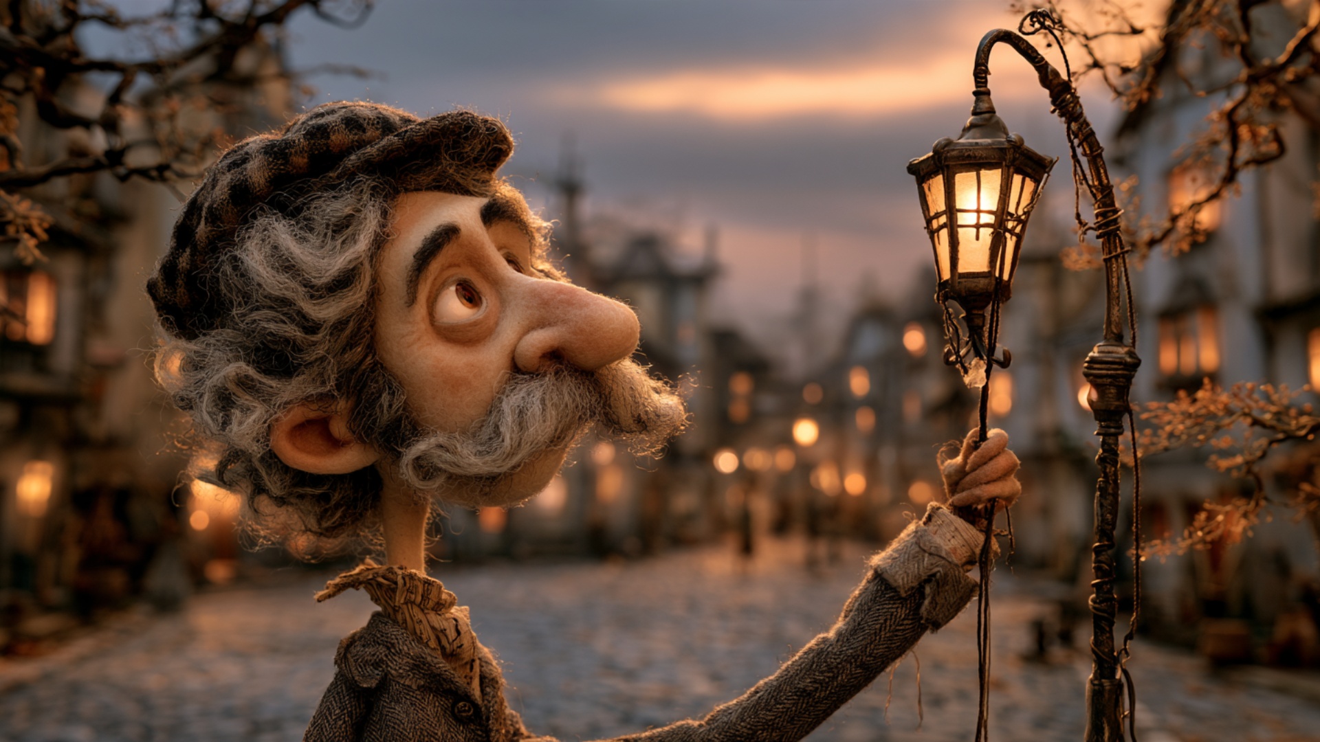 The lantern flame catches and glows, the cord swinging gently as he lowers the pole, warm light s...