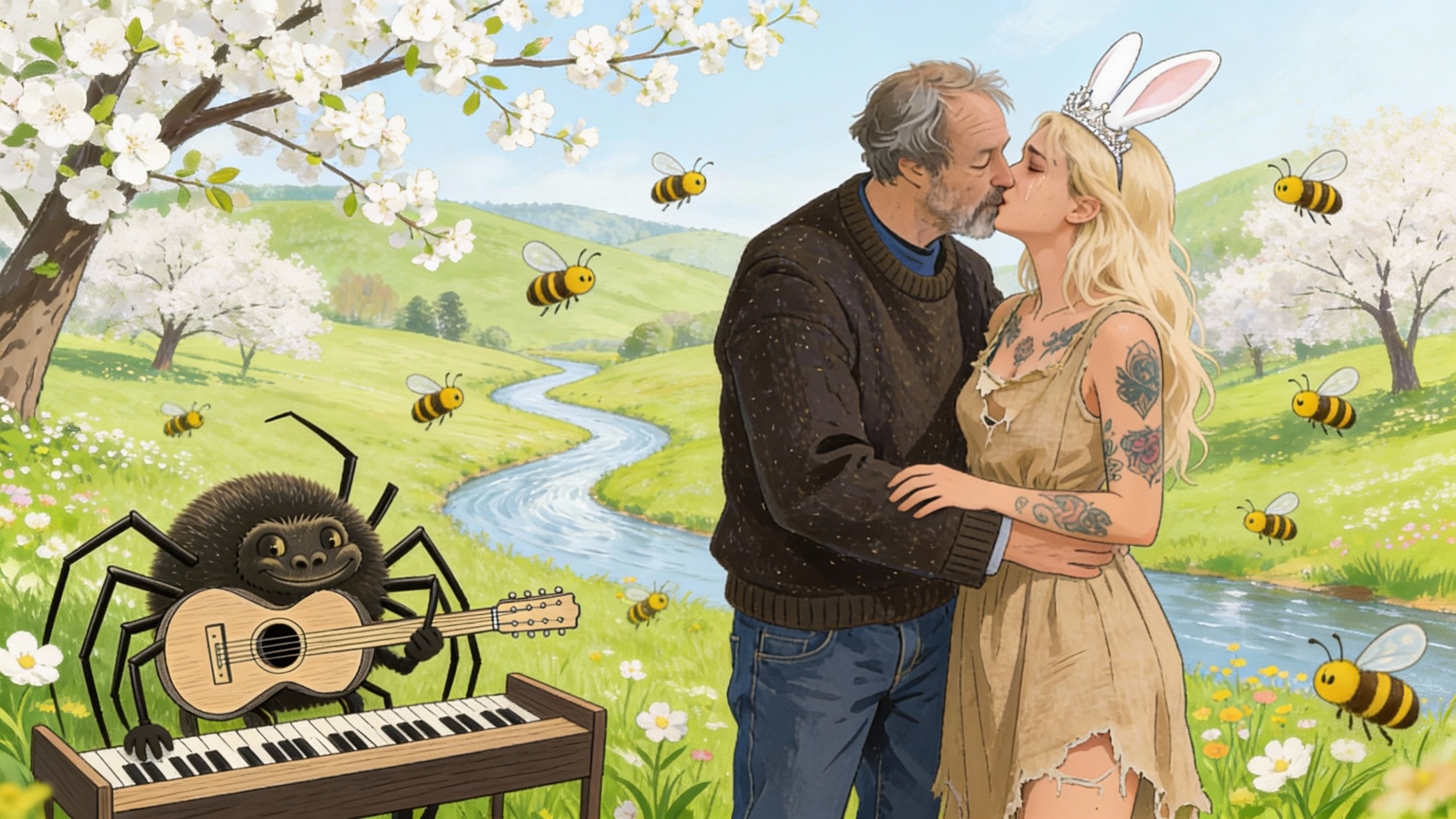 l'araignée musicienne joue dans la nature du printemps où volètent les abeilles heureuses, le gui...