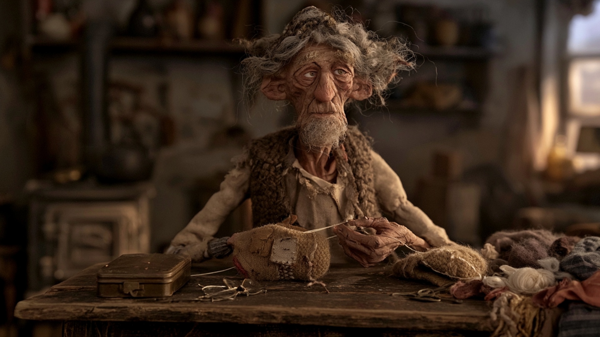 The elderly man pushes the needle through the worn mitten, pulls the thread through and tightens ...