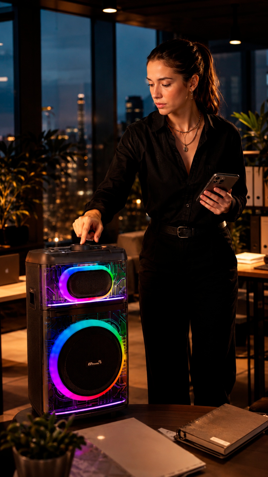 Elegant woman in black outfit casually taps top controls of transparent RGB Eltronic speaker. Spe...