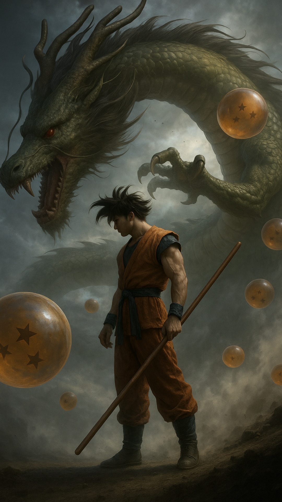 "A hyper-realistic cinematic sequence of Goku standing with his staff on rugged terrain as dust s...