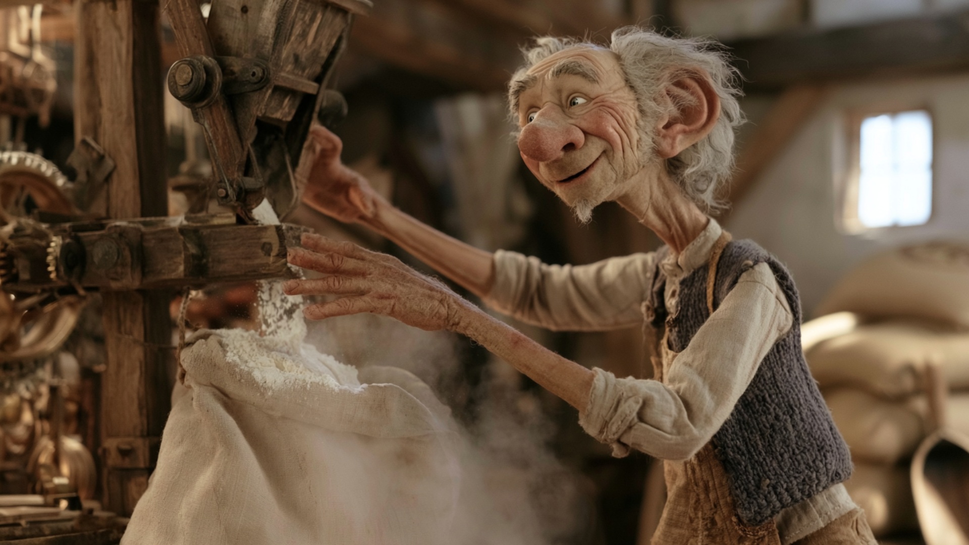 Flour pours continuously from the wooden chute into the open sack for the full 5 seconds, forming...