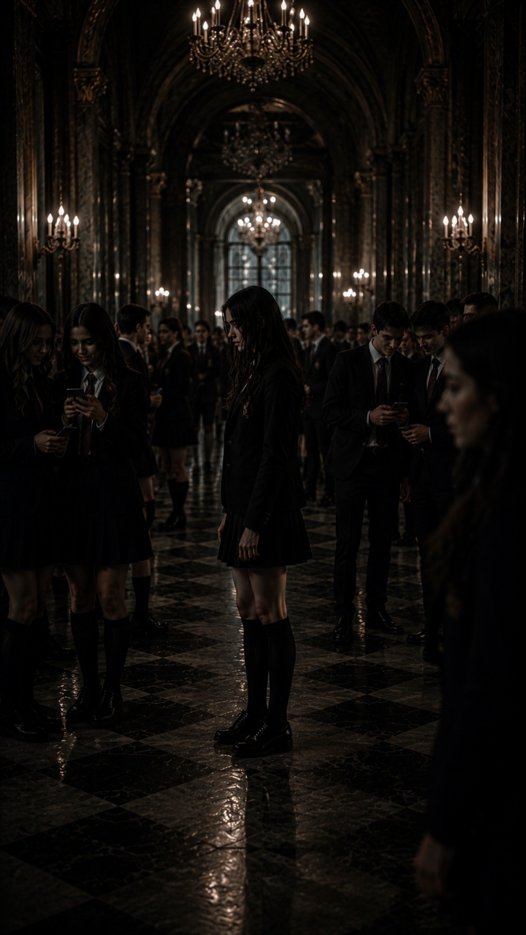 cinematic dark academia academy hall filled with elite students whispering after anonymous gossip...