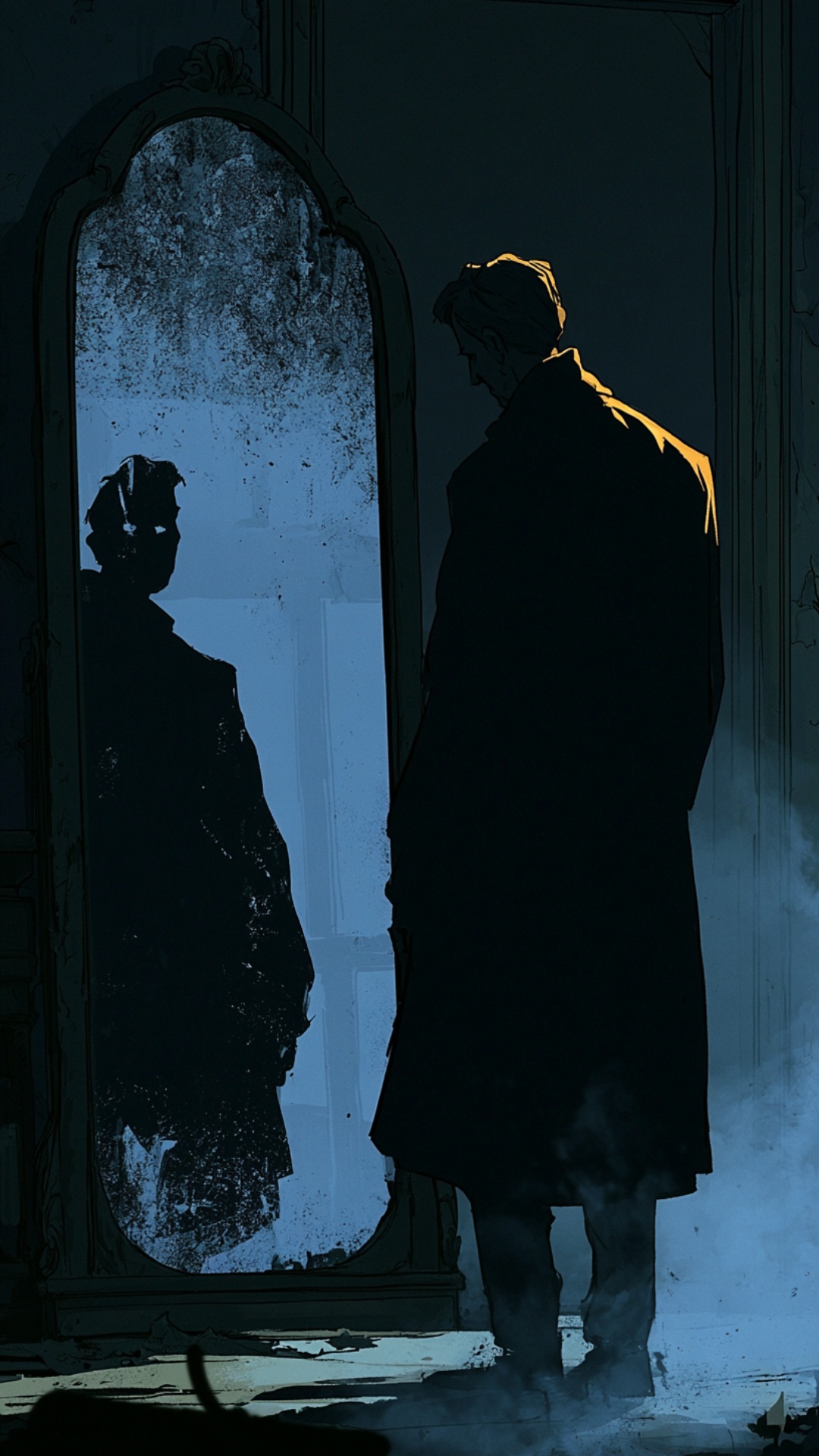 Camera slowly zooms out, a man exchanges glances with his reflection in a mirror