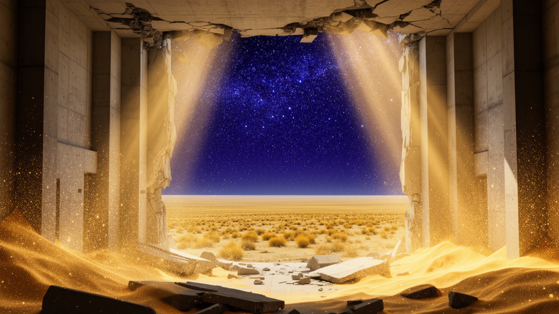 slow cinematic zoom out, concrete walls crumbling into golden sand particles, epic scale, no came...