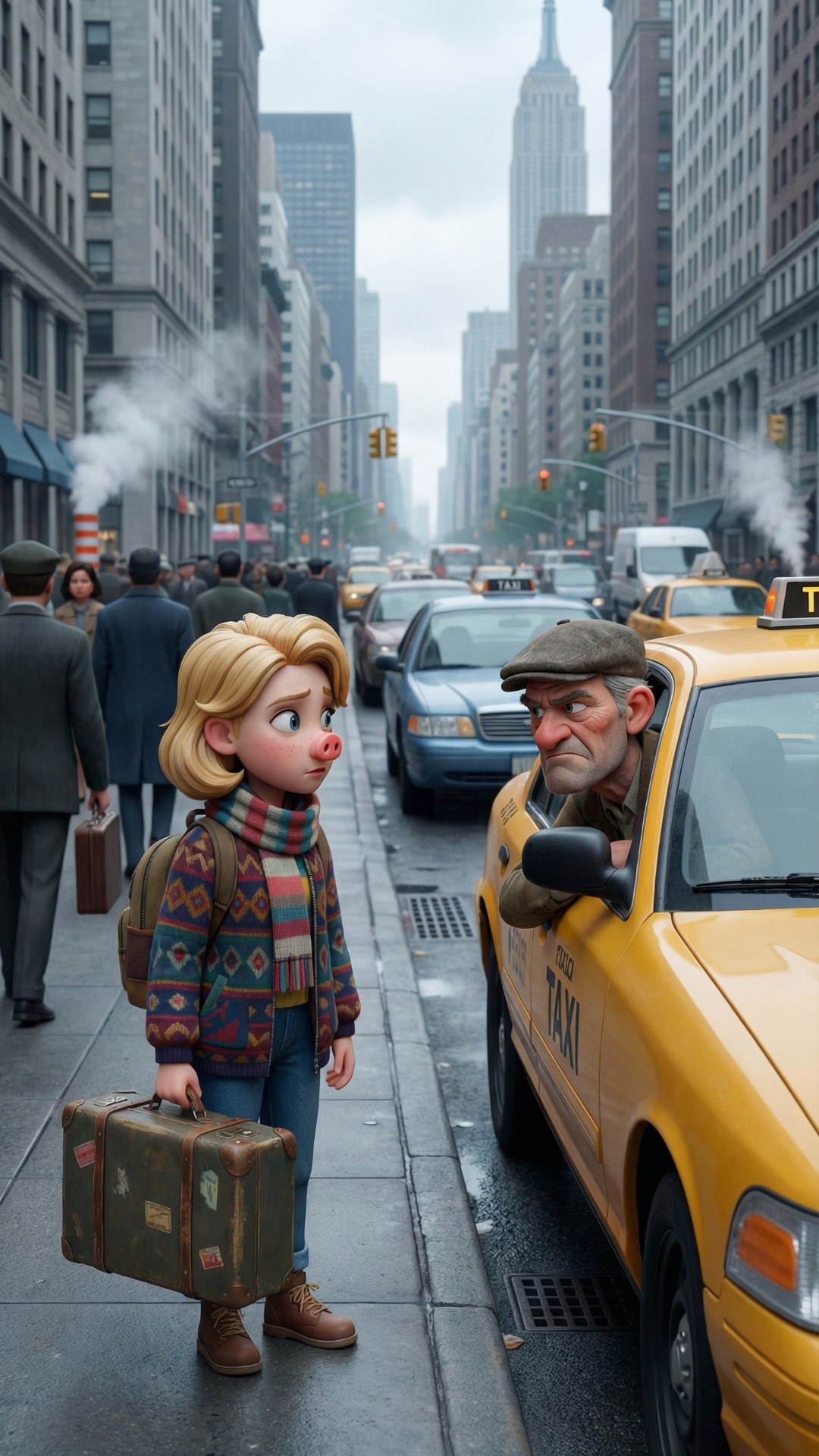 3D animated cinematic shot, Disney-style, street level shot, taxi driver leaning out window, look...