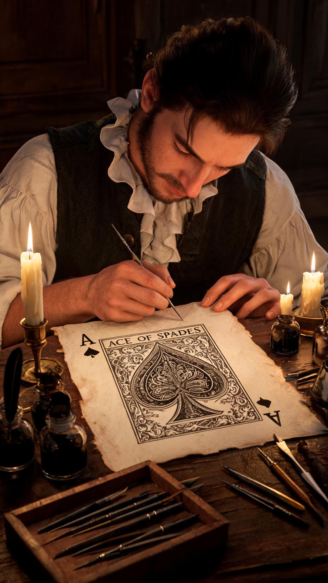 Master engraver in an 18th-century workshop carefully drawing an elaborate Ace of Spades by hand,...