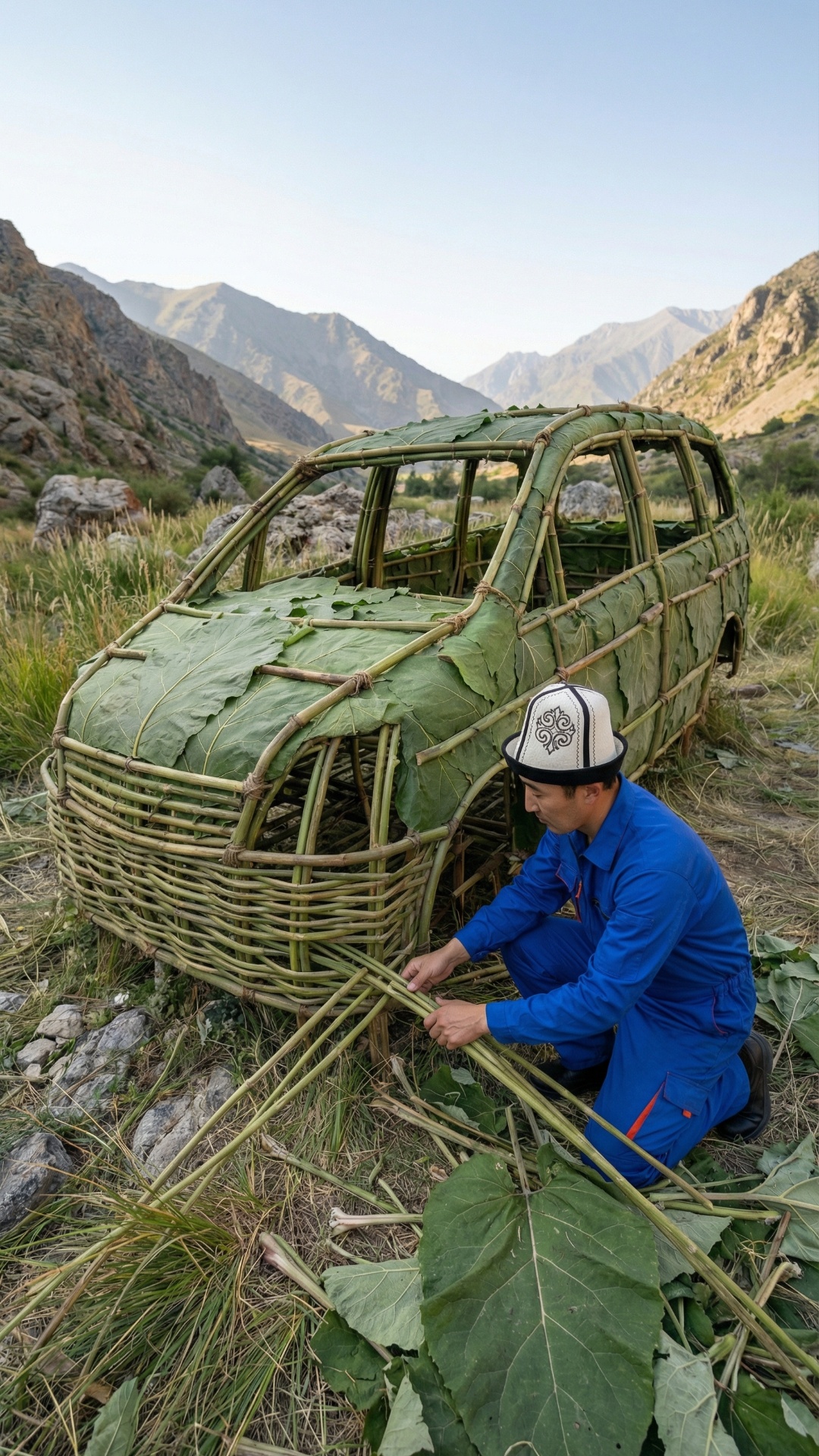 Cinematic documentary video, Central Asian man in blue work overalls and traditional white kalpak...