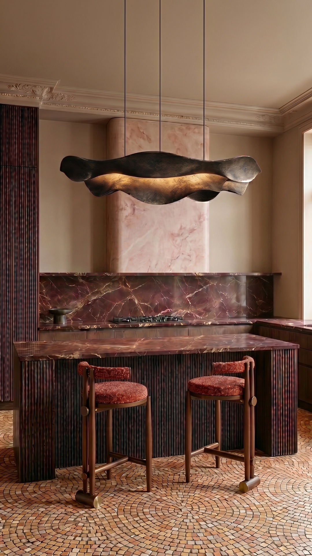 Elegant cinematic interior video of a luxurious artistic kitchen in warm European style, featurin...