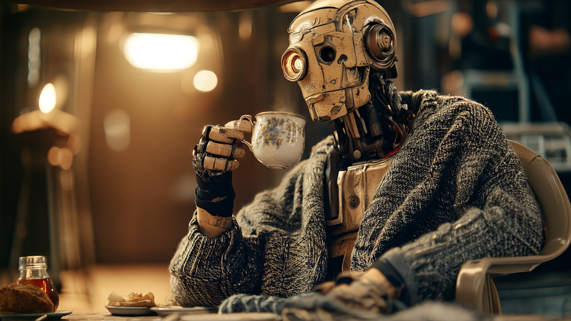 The old android lifts the teacup to his metal mouth, tea spills down his chin onto the grey knitt...