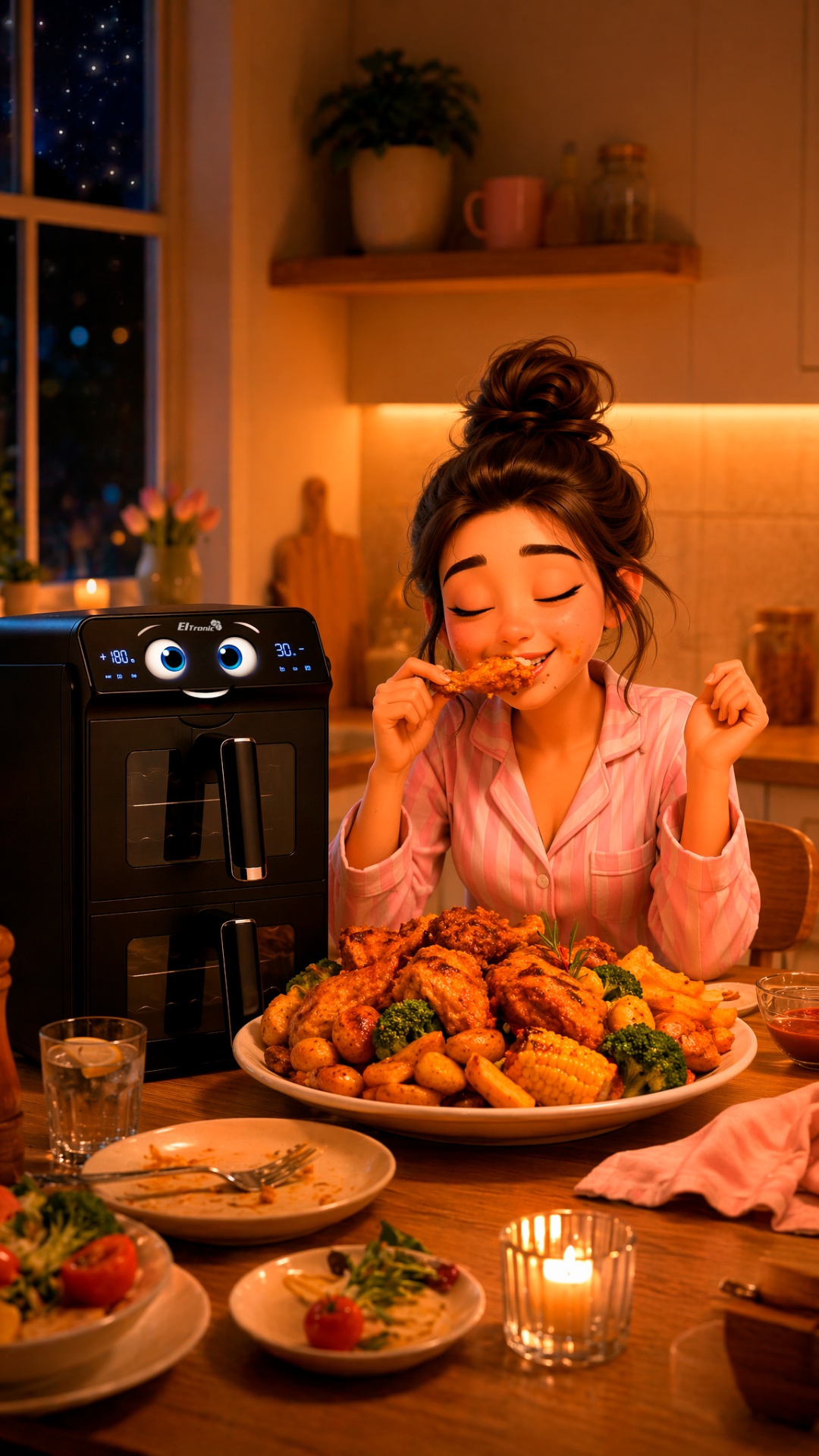 The girl rapidly transfers food onto a large plate.

Potatoes, vegetables and chicken are added...