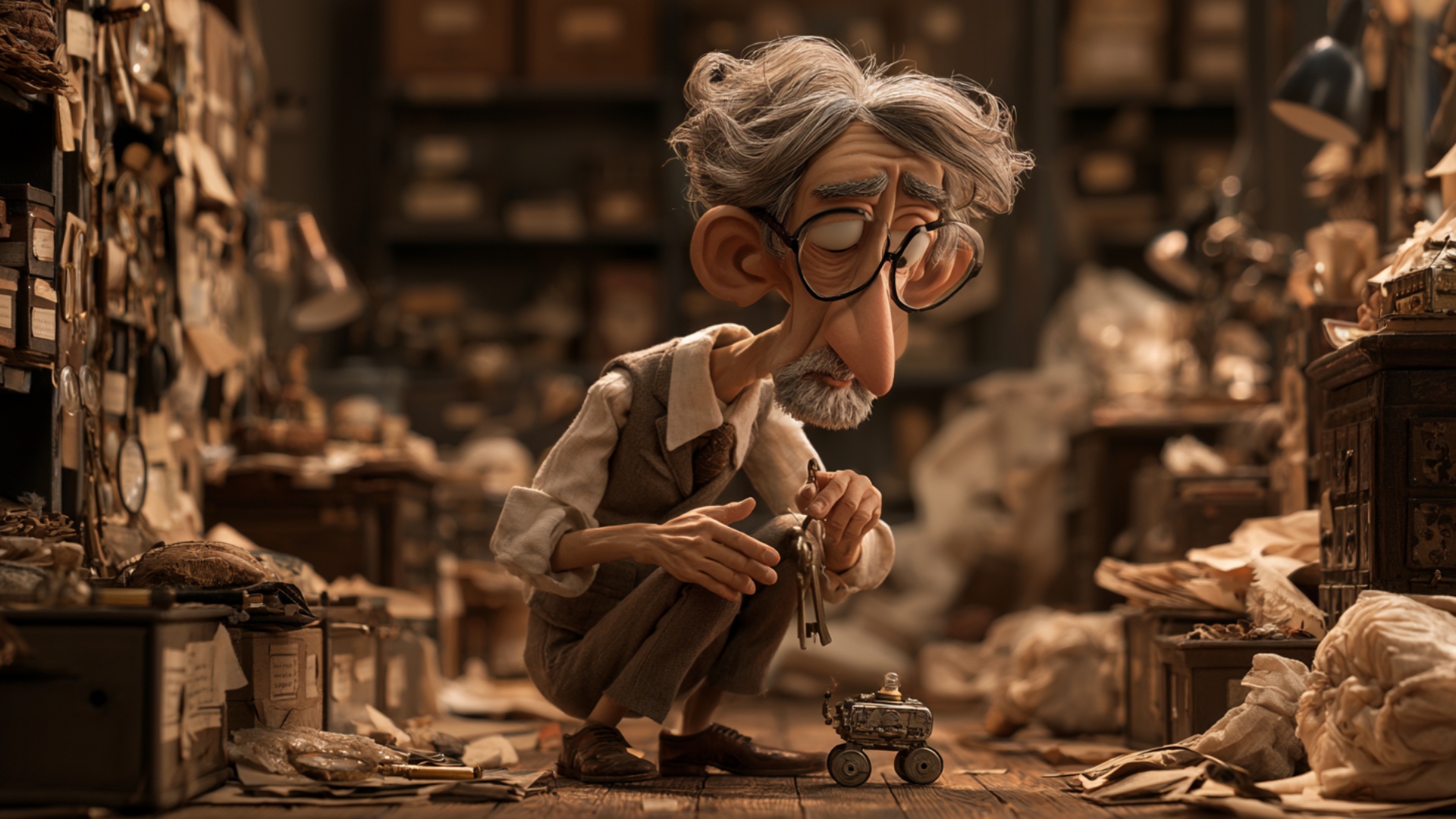 Start from the exact crouching pose with the curator watching the small mechanical toy on the flo...