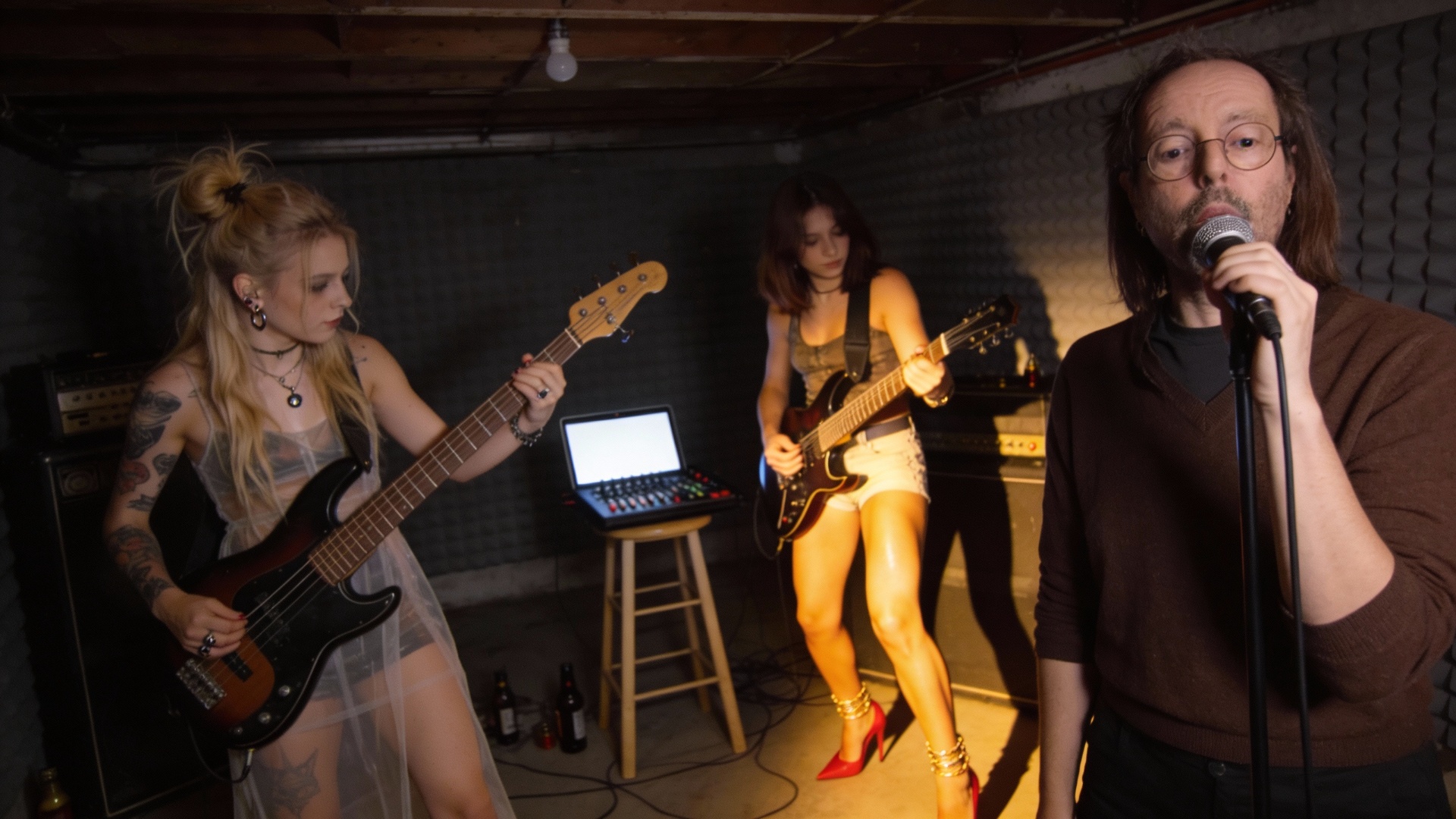 Les deux femmes sont à fond dans la musique. Le chanteur est sobre et concentré. Eclairage latéra...