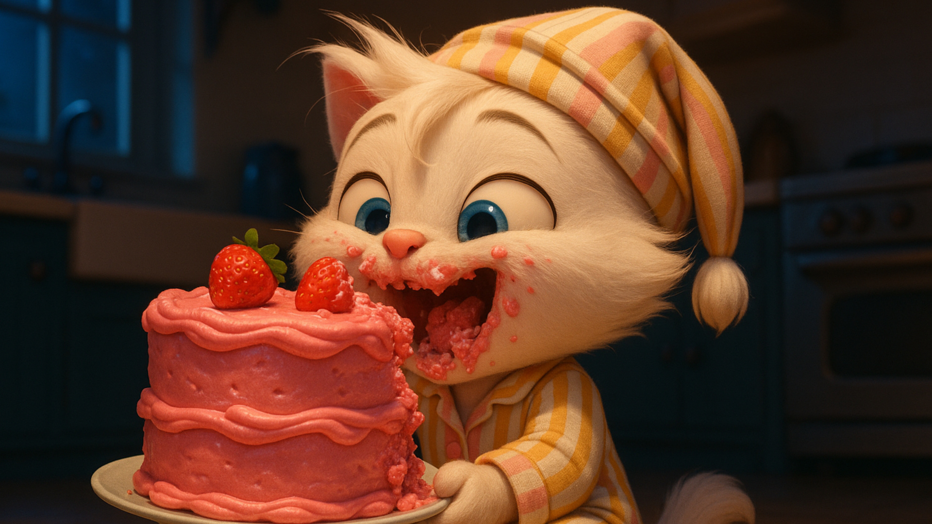 anthro female kitten eating a cake