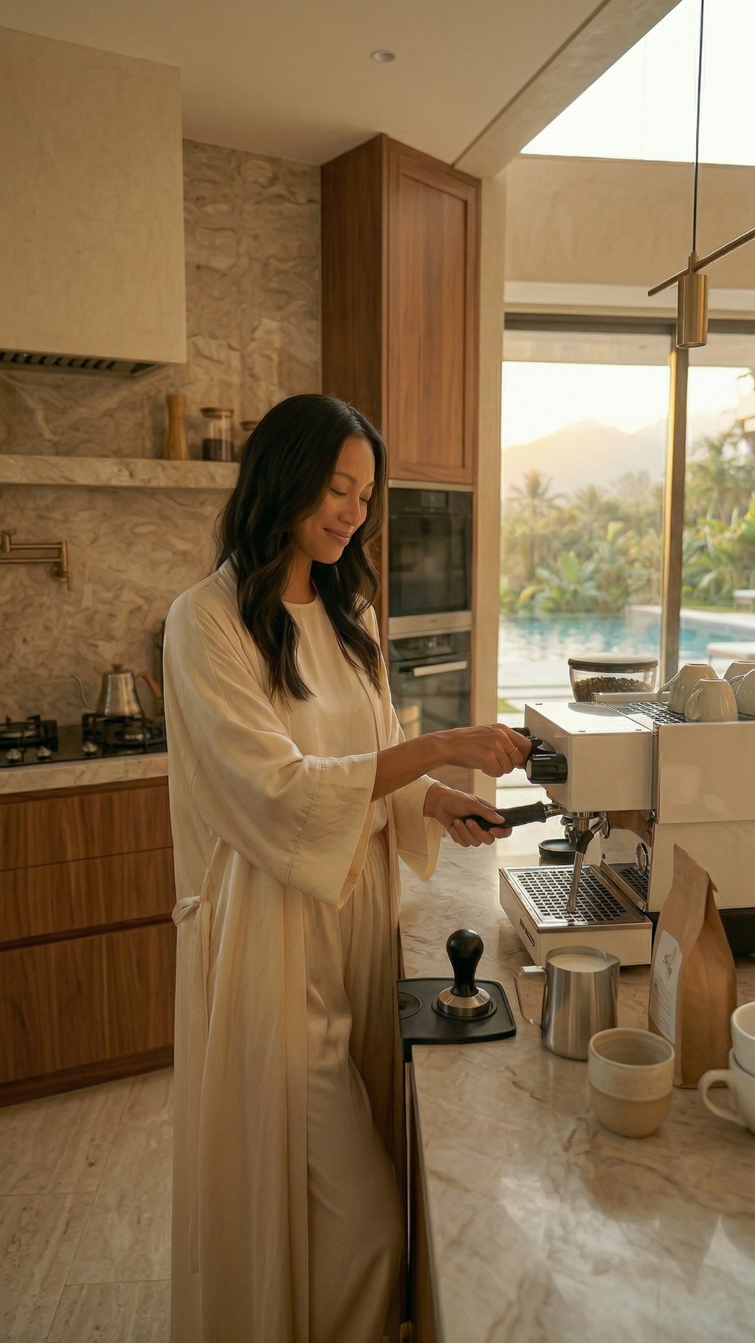 she makes herself a coffee than goes to a living room where she drinks it