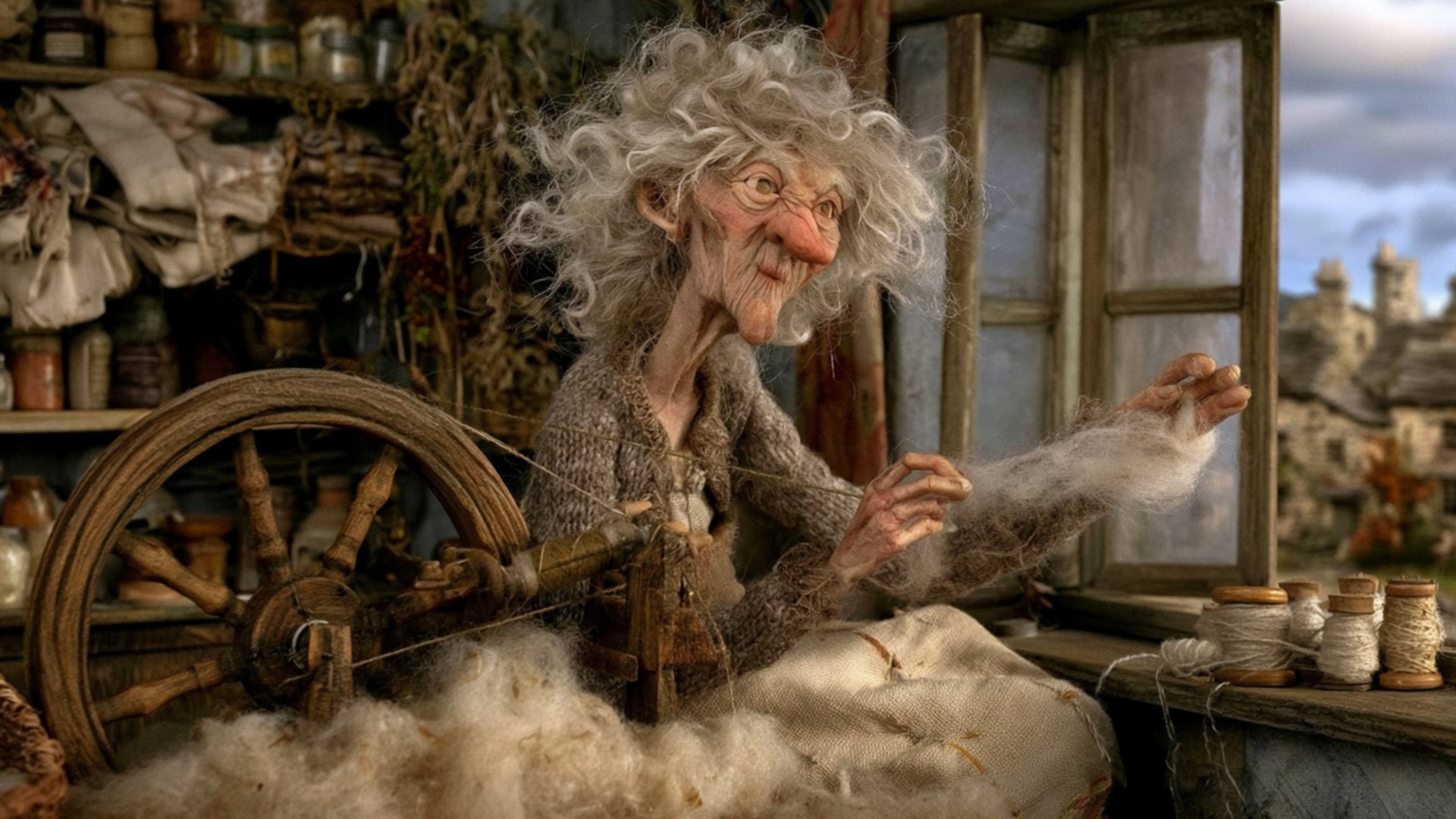 The elderly spinner feeds the loose wool toward the spinning wheel with one hand while drawing a ...