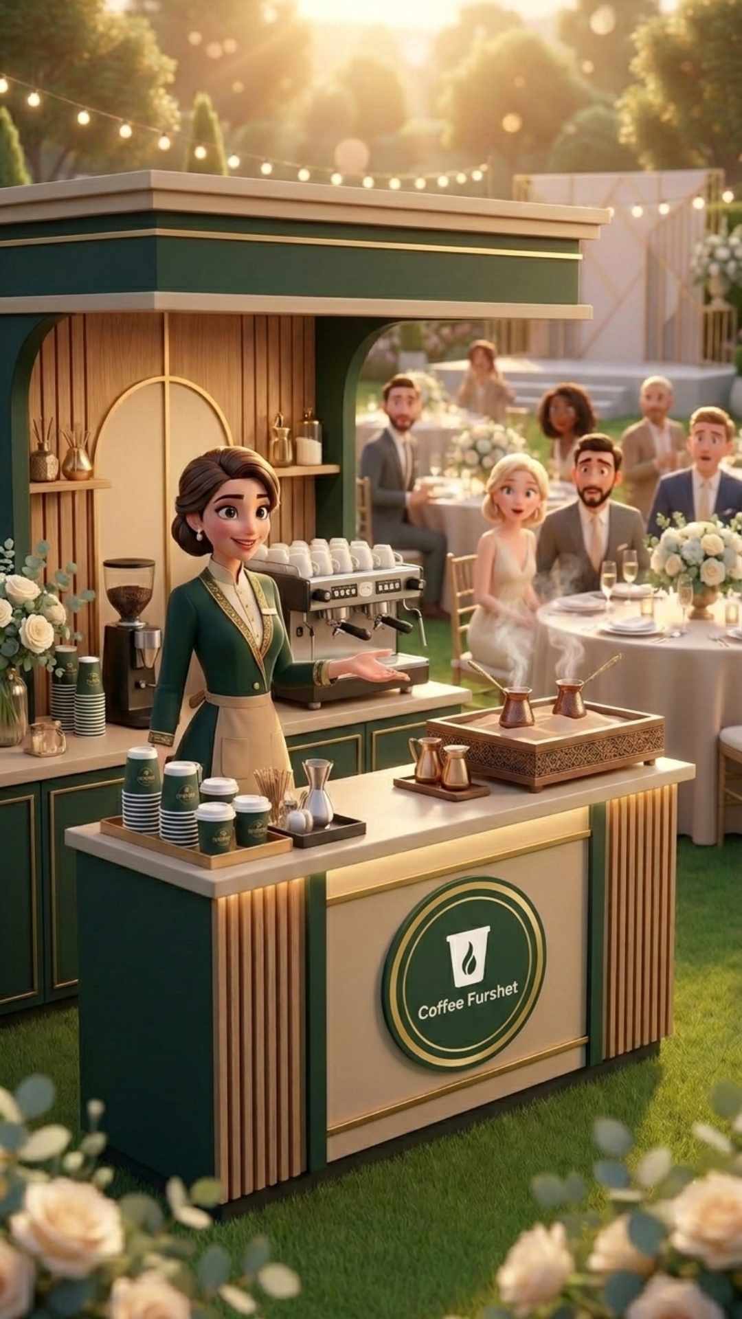 Cinematic semi-realistic 3D animation, vertical 9:16, stunning outdoor luxury garden party at gol...