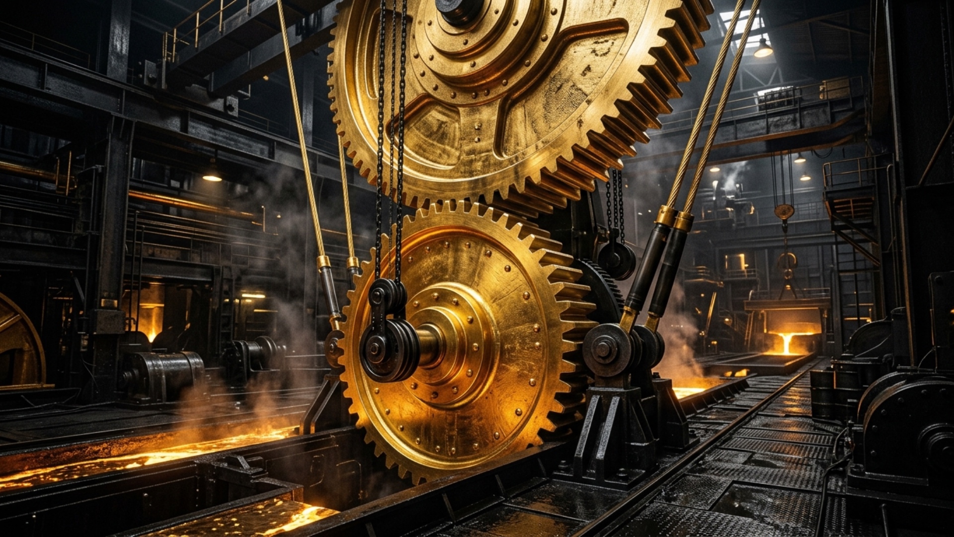 Inside a luxurious industrial hall made of black steel, giant polished golden gears slowly begin ...