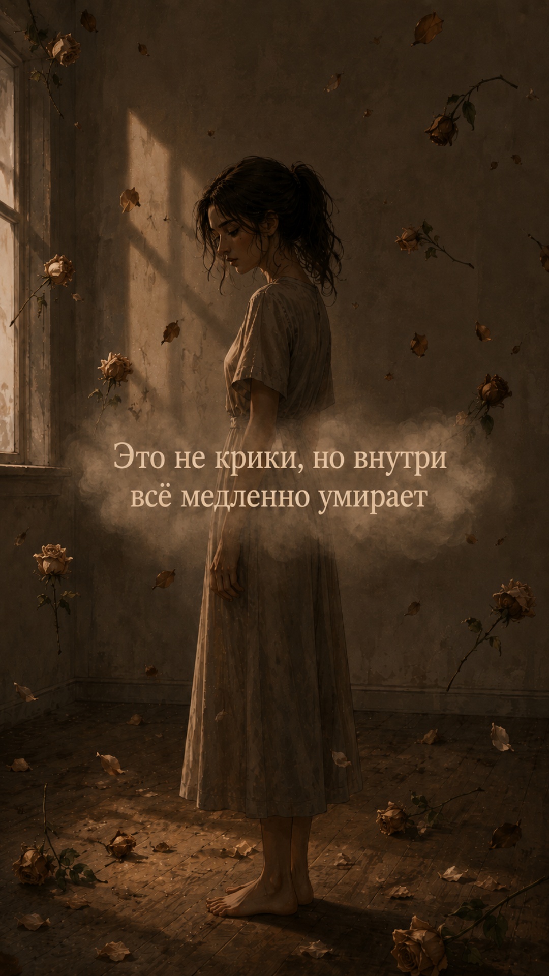 цветы витают в воздухе, девушка грустная, заголовок не менять, новый текст не добавлять