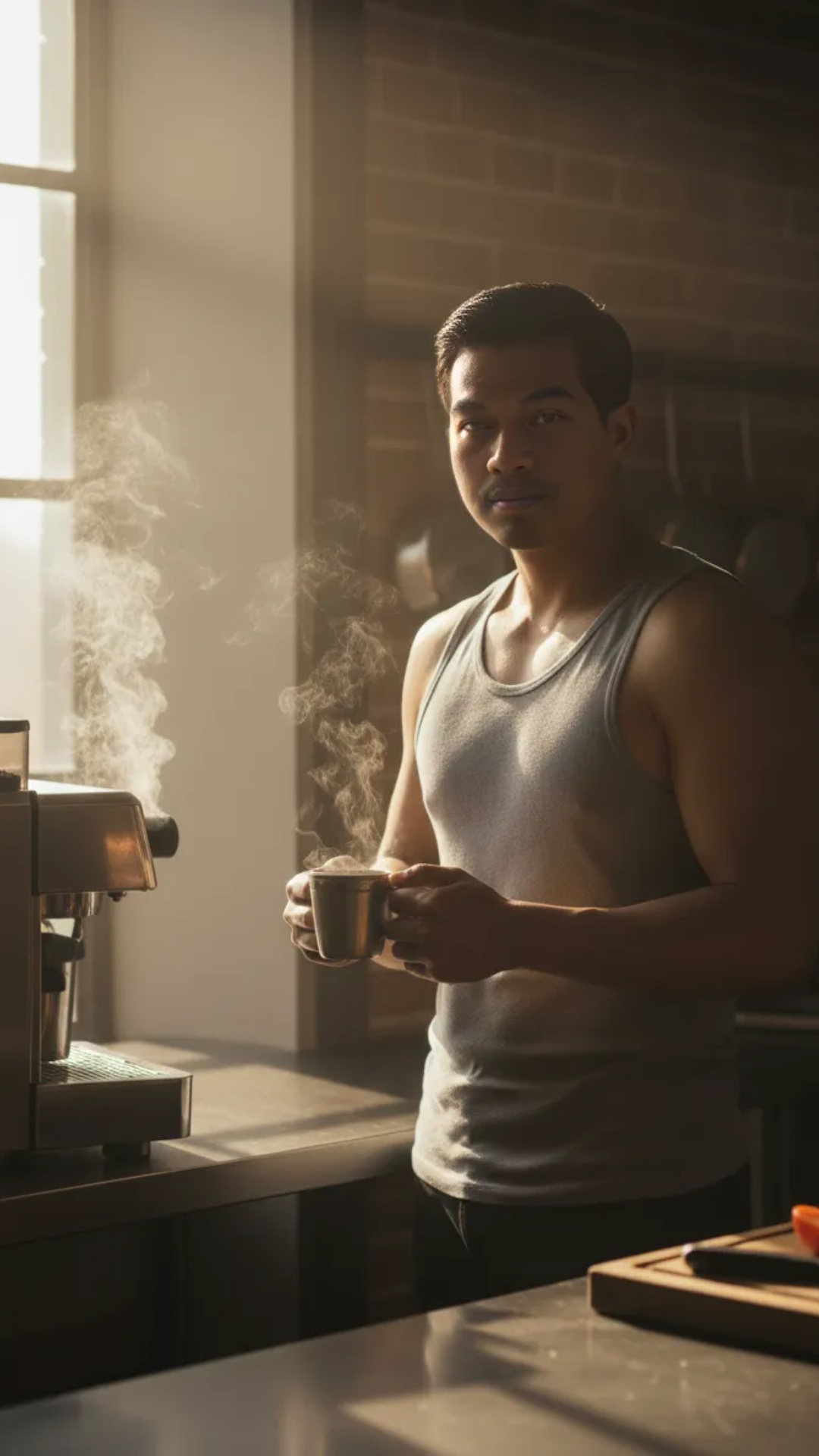 A warm editorial kitchen scene in the morning. A man with medium brown skin, short black hair, an...