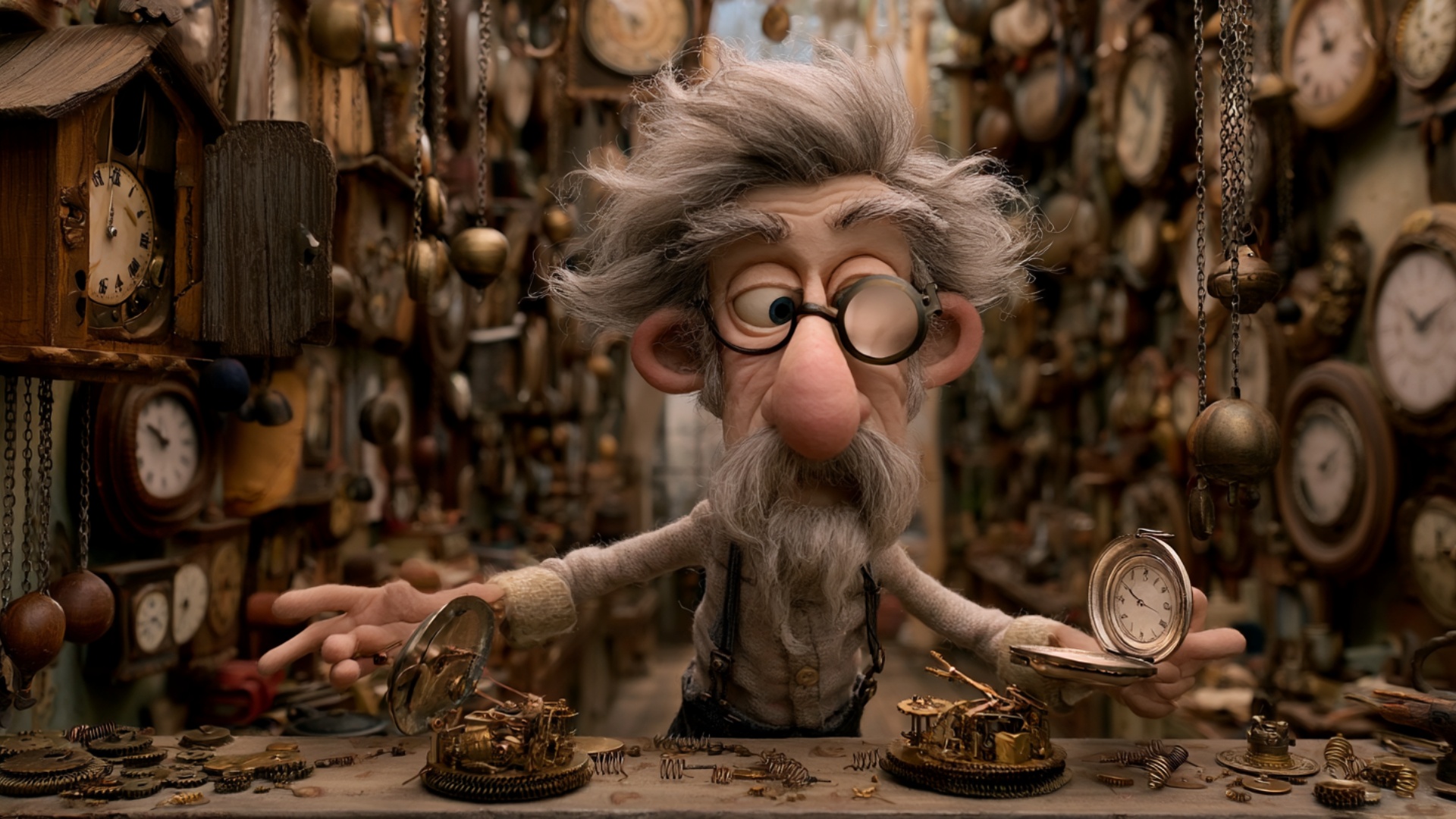 The elderly clockmaker carefully lifts the open pocket watch closer to his magnifying lens, studi...