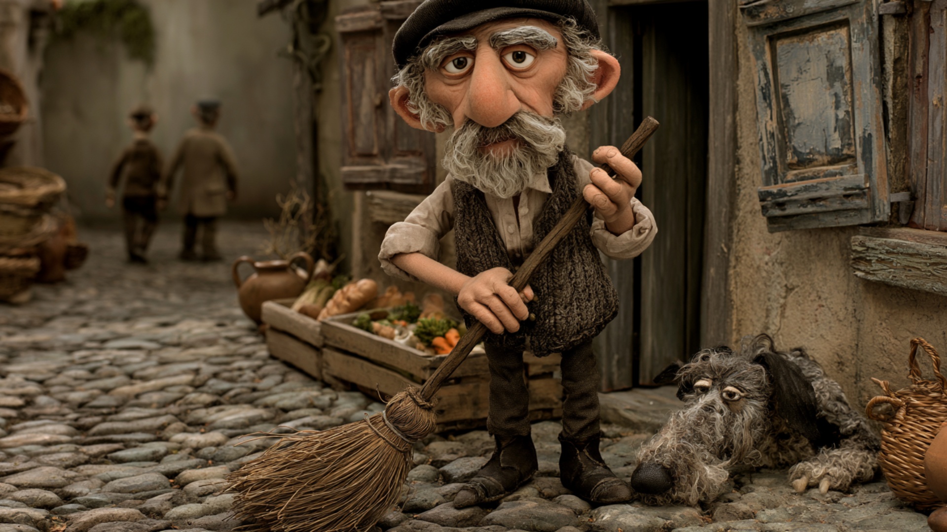 The shopkeeper pauses from sweeping, lifts the broom slightly and uses one hand to adjust his cap...