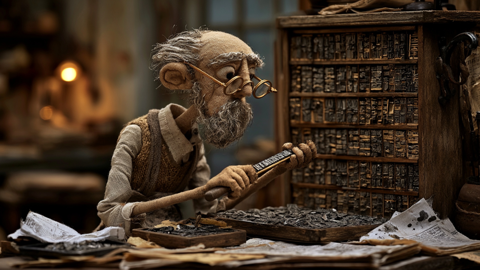 The typesetter slowly runs one fingertip along the existing row of metal type in the composing st...