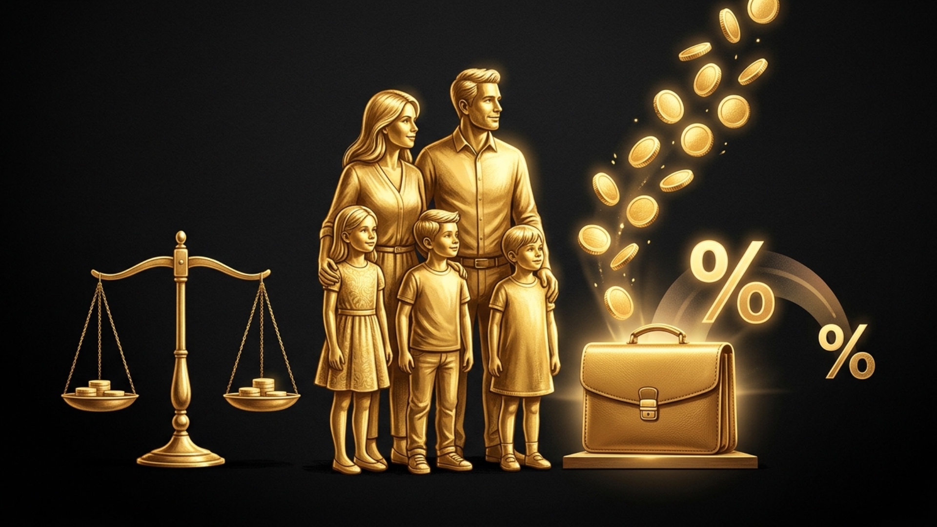 The image remains exactly the same. Slow cinematic orbit around the golden family. The tax percen...