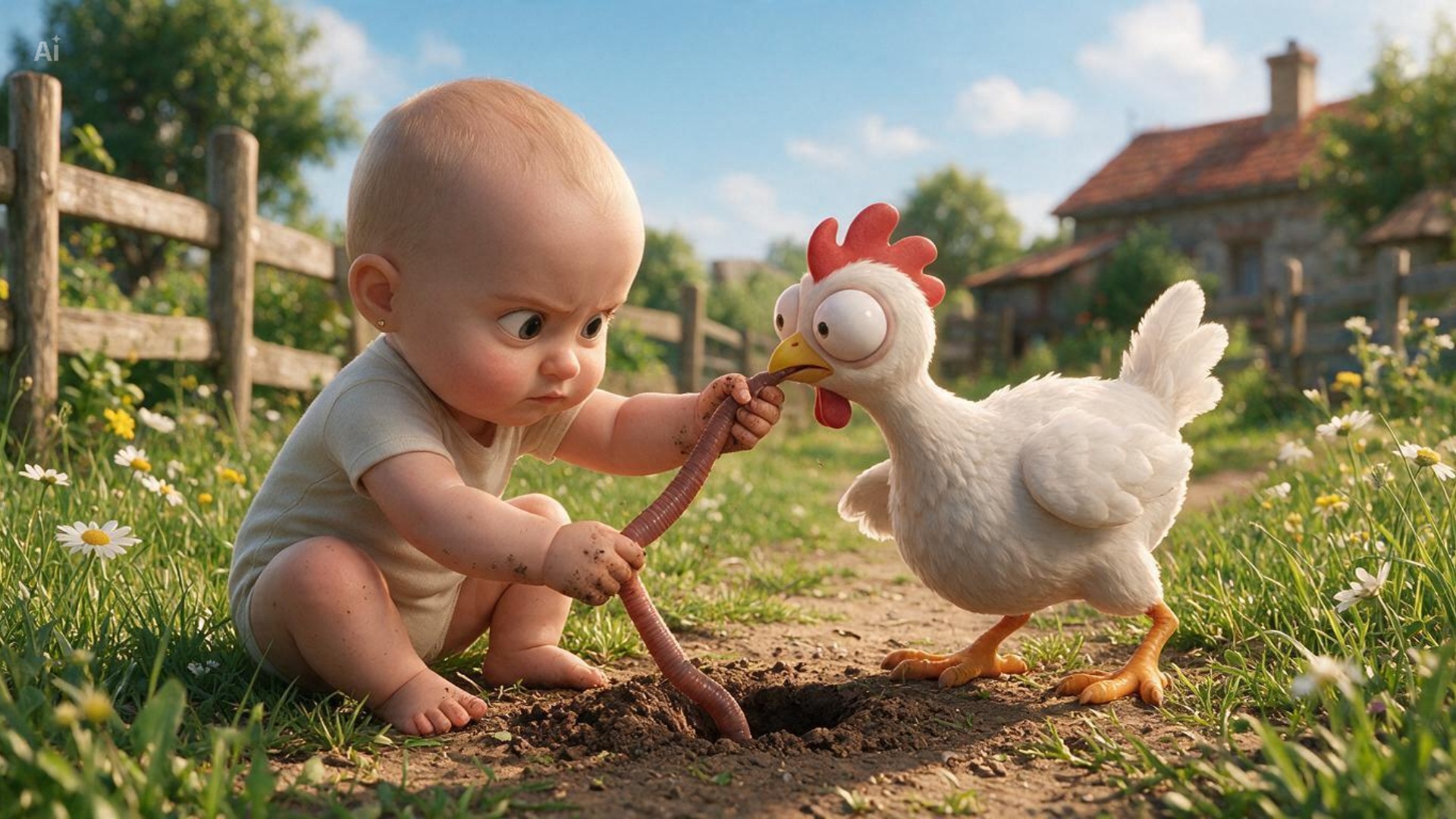 A 3D Pixar-style animated scene. A cute, chubby baby girl named Masha in a beige onesie and a fun...