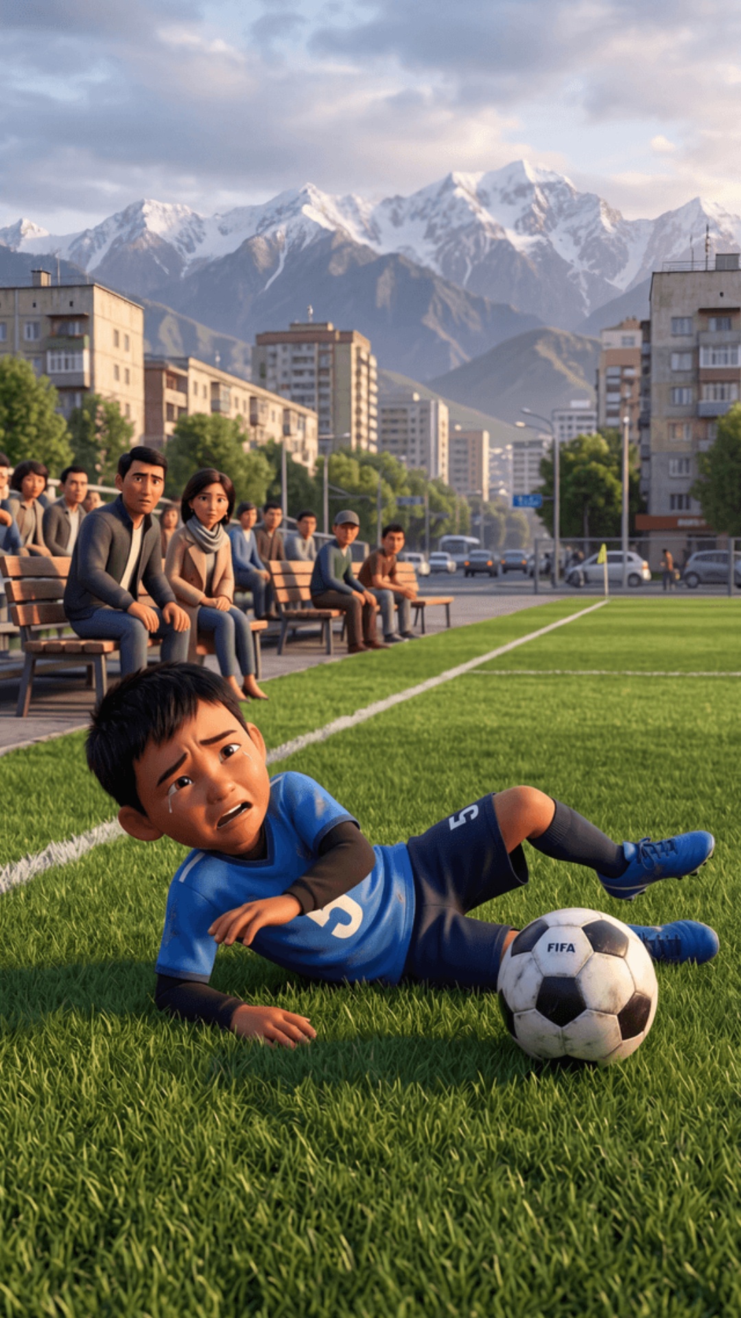 Pixar 3D animation style, cinematic quality.
Outdoor football pitch, Kyrgyzstan city,
mountains o...