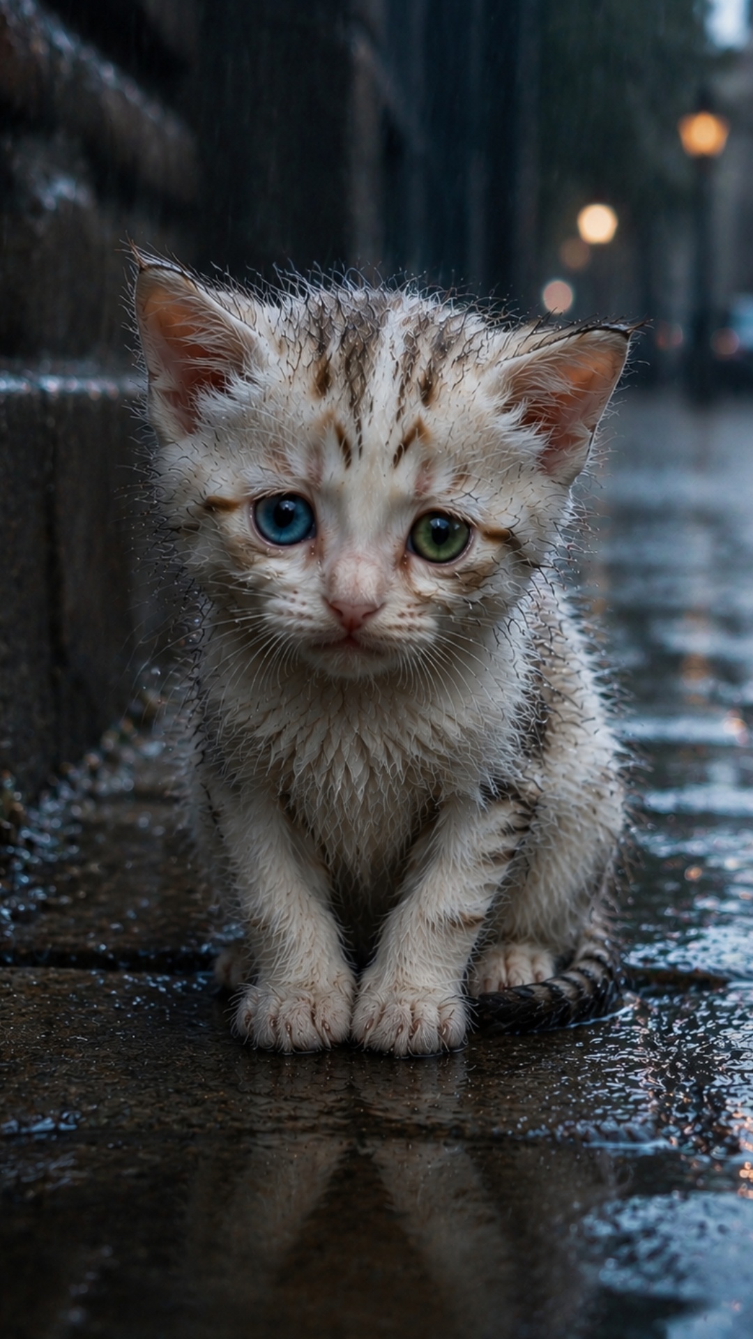 “Ultra-realistic photorealistic cinematic video of a tiny fluffy gray kitten sitting alone on wet...