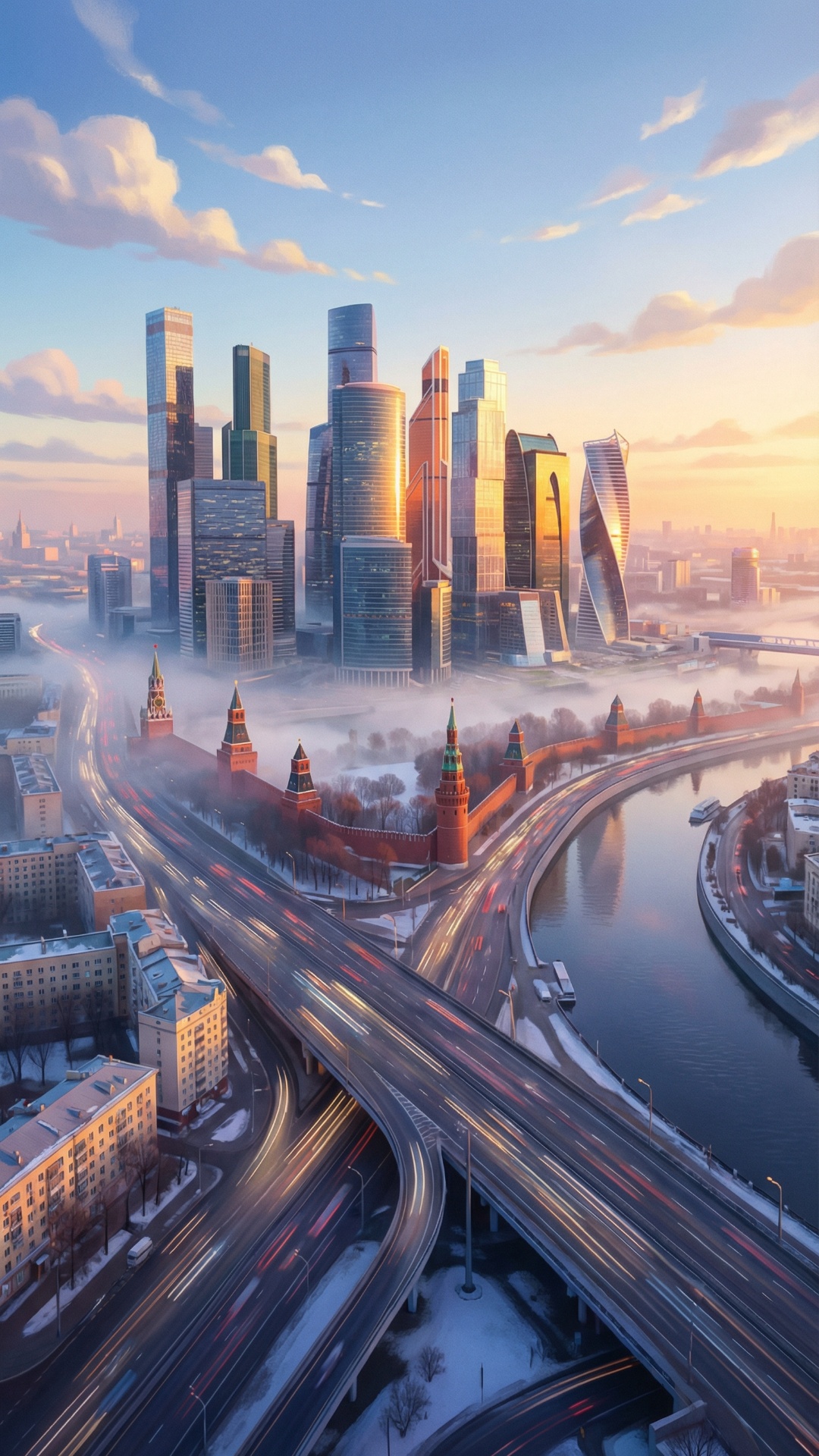 3D animated cinematic shot, Disney-style, sunrise over Moscow, wide aerial view of modern city sk...