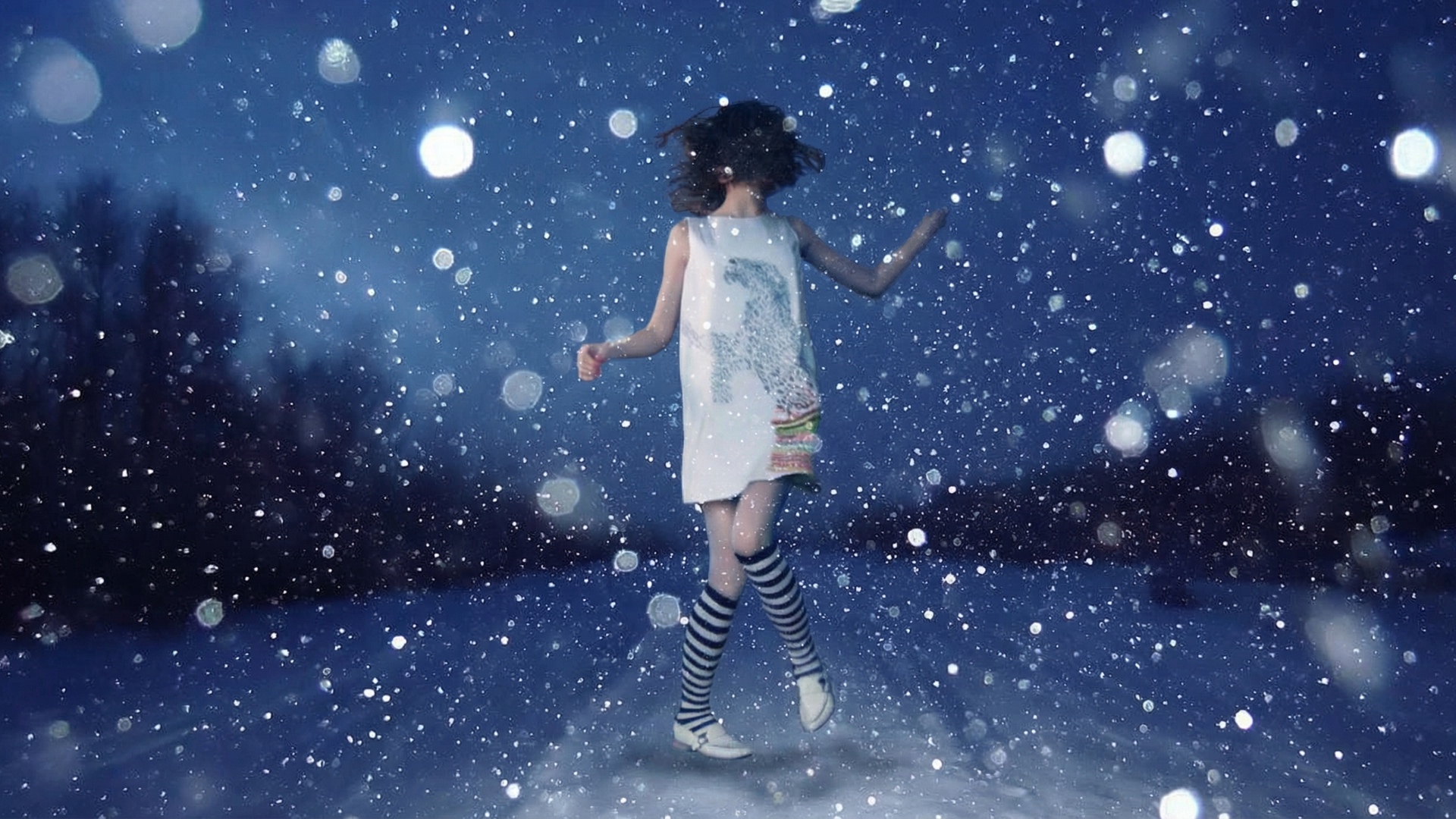 The camera tilts up from the girl. The camera pans up from the girl. The image rises past the ill...