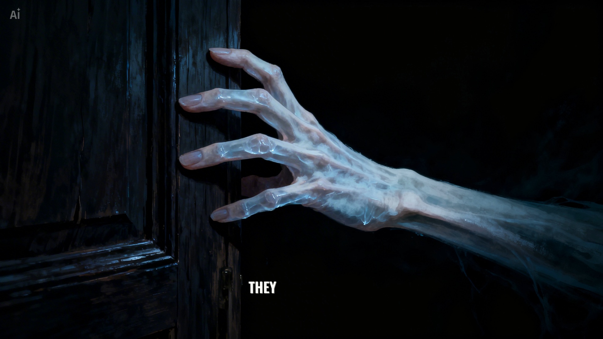 "Extreme macro photography. A frozen pale hand is static, pressed against a dark wooden door. No ...